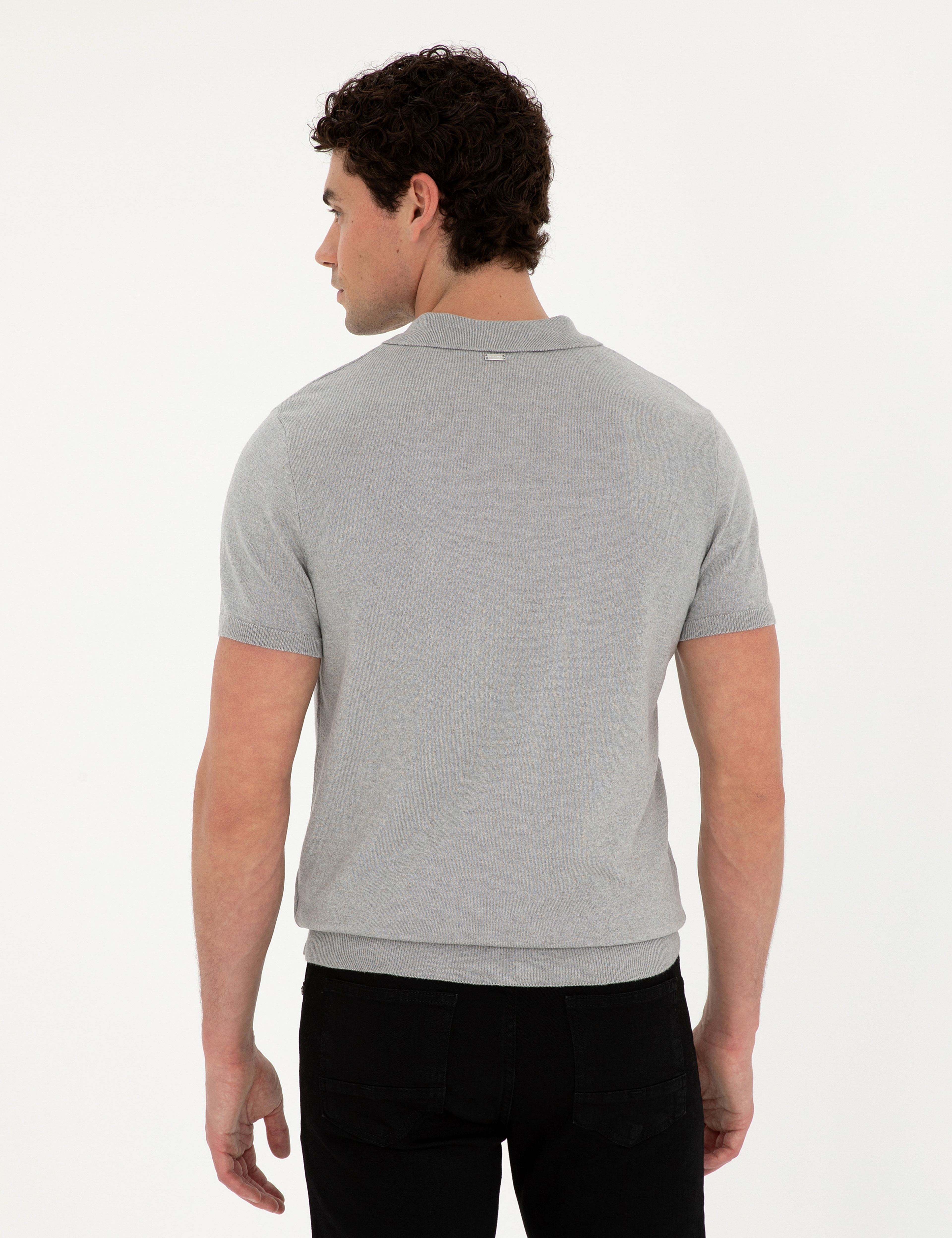 Açık Gri Slim Fit Düğmeli Polo Yaka Keten Karışımlı Triko Tişört