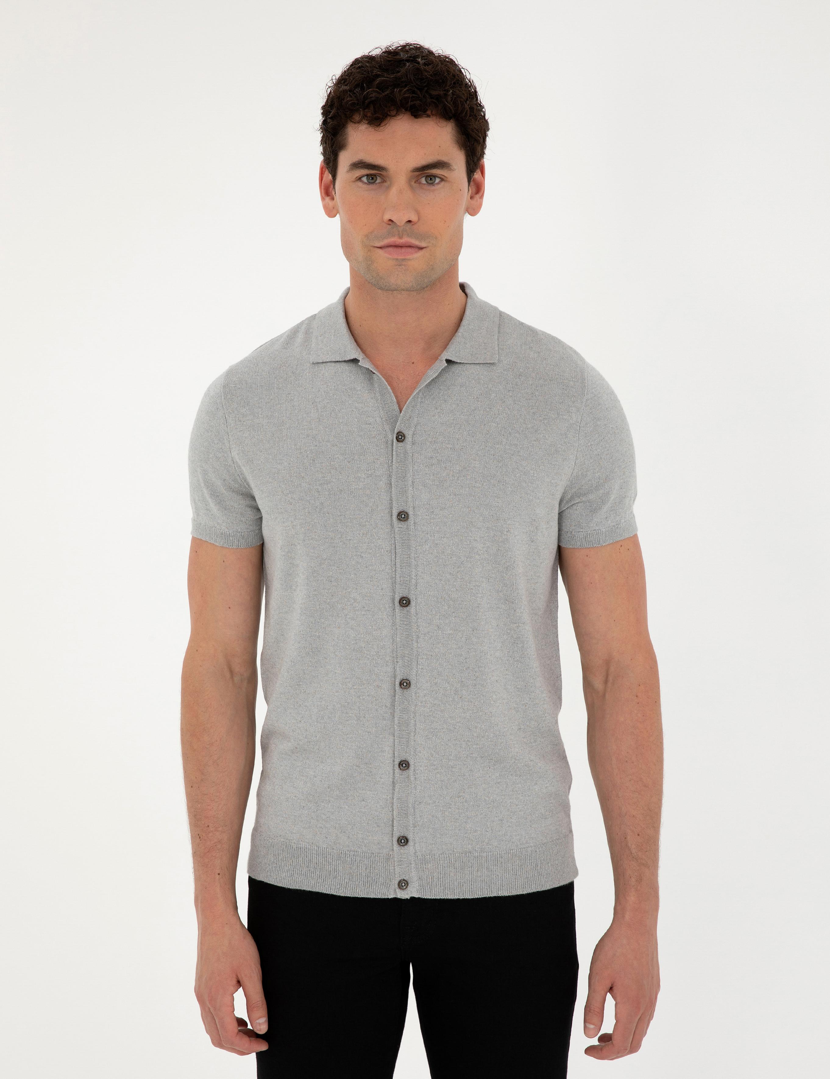 Açık Gri Slim Fit Düğmeli Polo Yaka Keten Karışımlı Triko Tişört