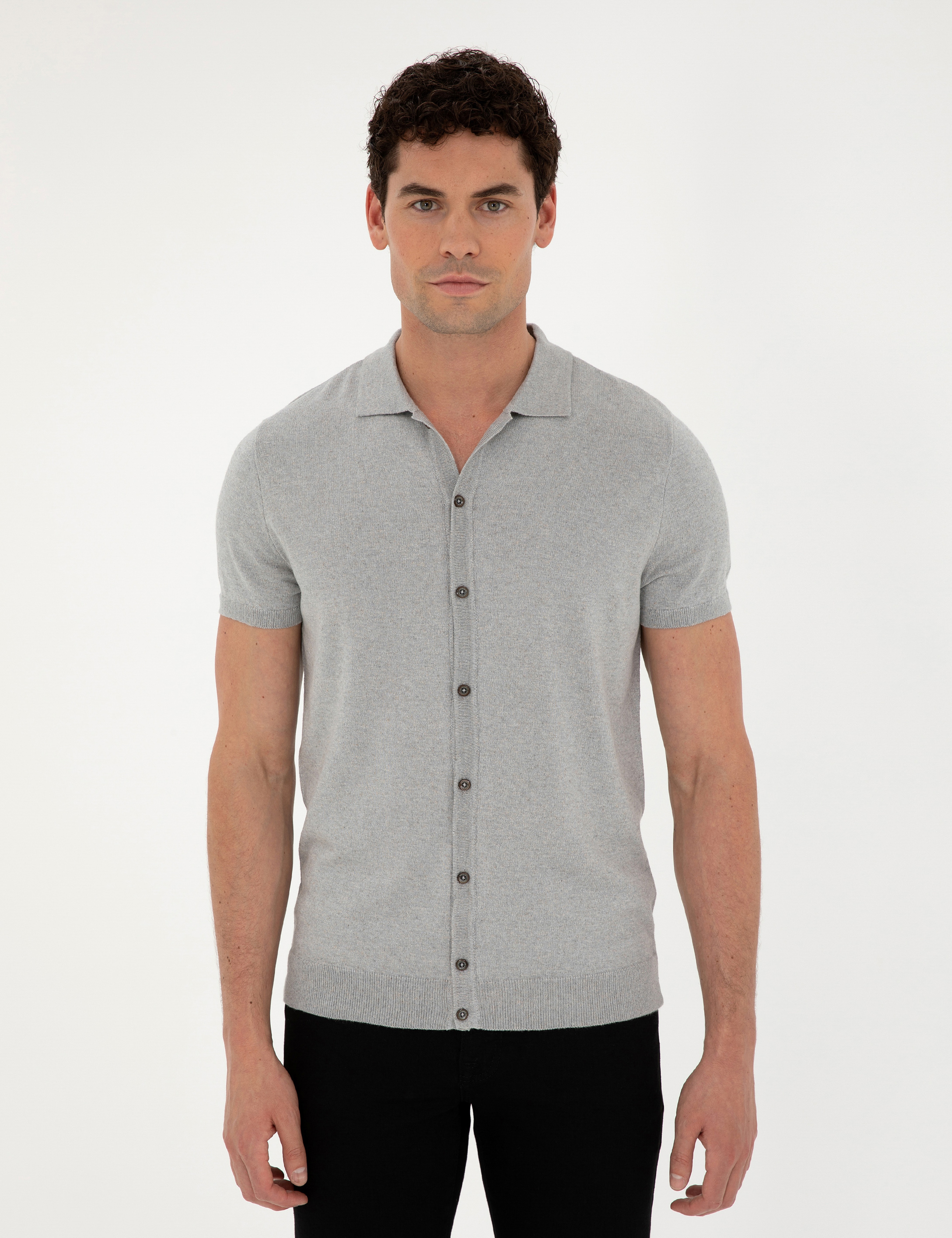 Açık Gri Slim Fit Düğmeli Polo Yaka Keten Karışımlı Triko Tişört - Image 3