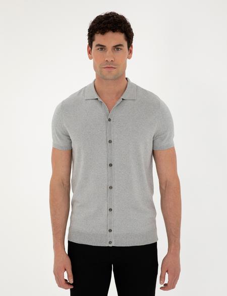 Açık Gri Slim Fit Düğmeli Polo Yaka Keten Karışımlı Triko Tişört - 50289239001