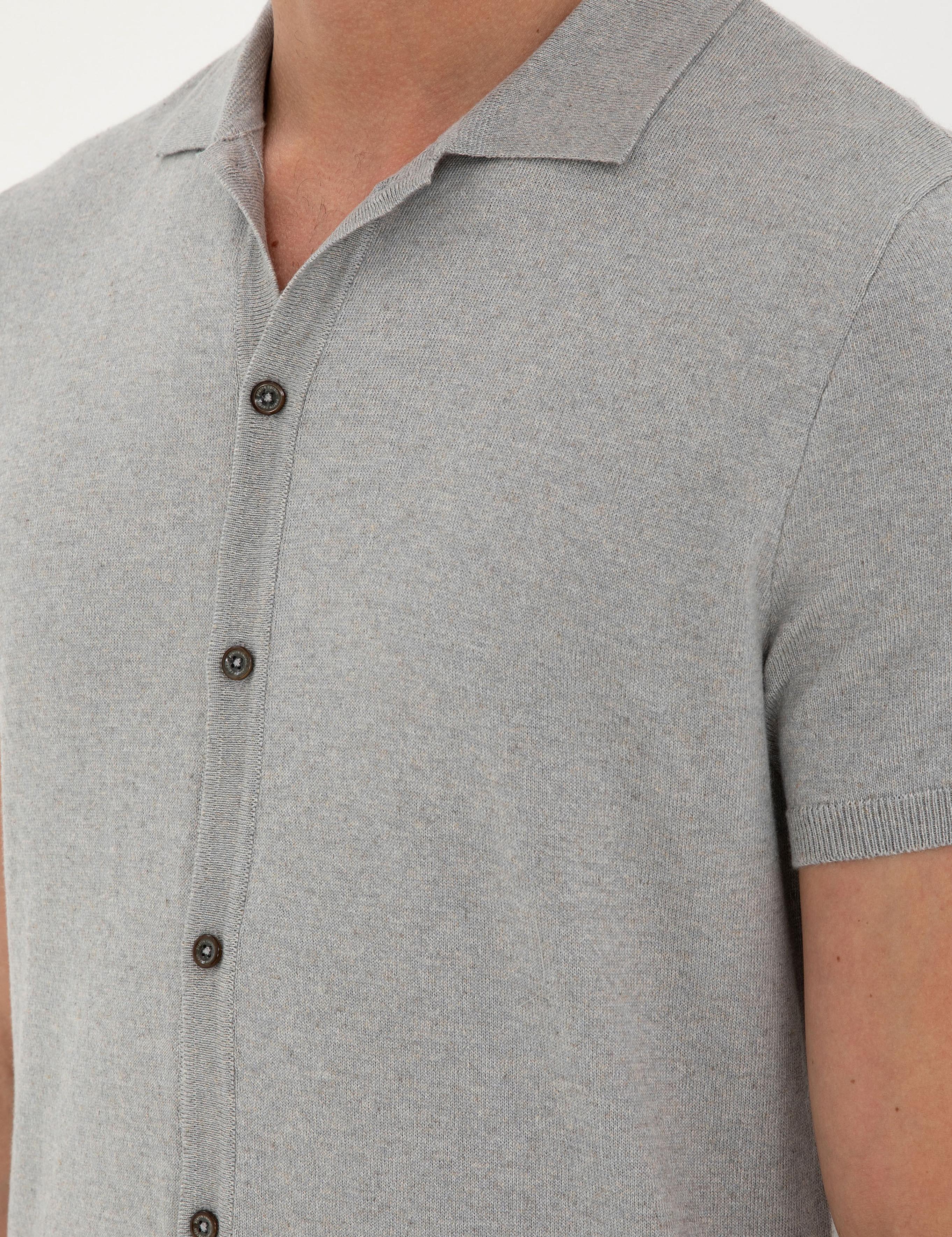 Açık Gri Slim Fit Düğmeli Polo Yaka Keten Karışımlı Triko Tişört