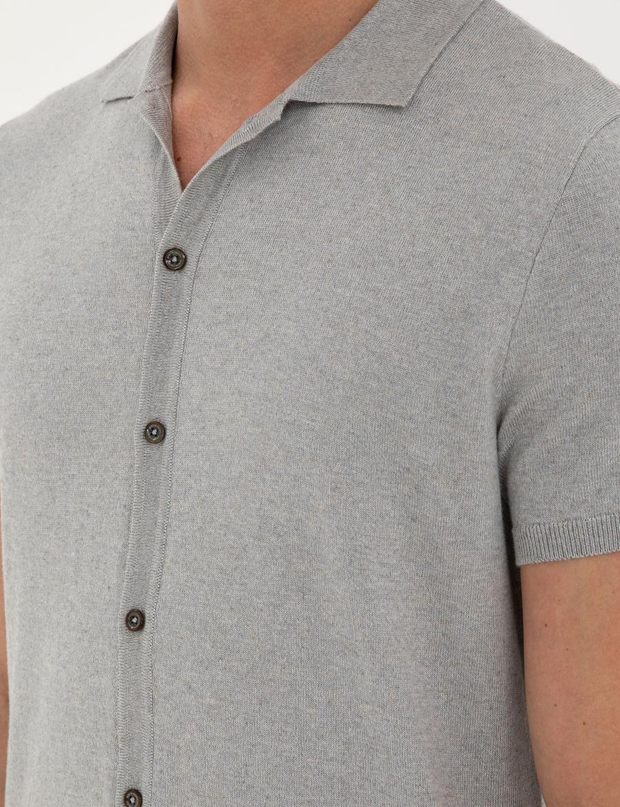 Açık Gri Slim Fit Düğmeli Polo Yaka Keten Karışımlı Triko Tişört