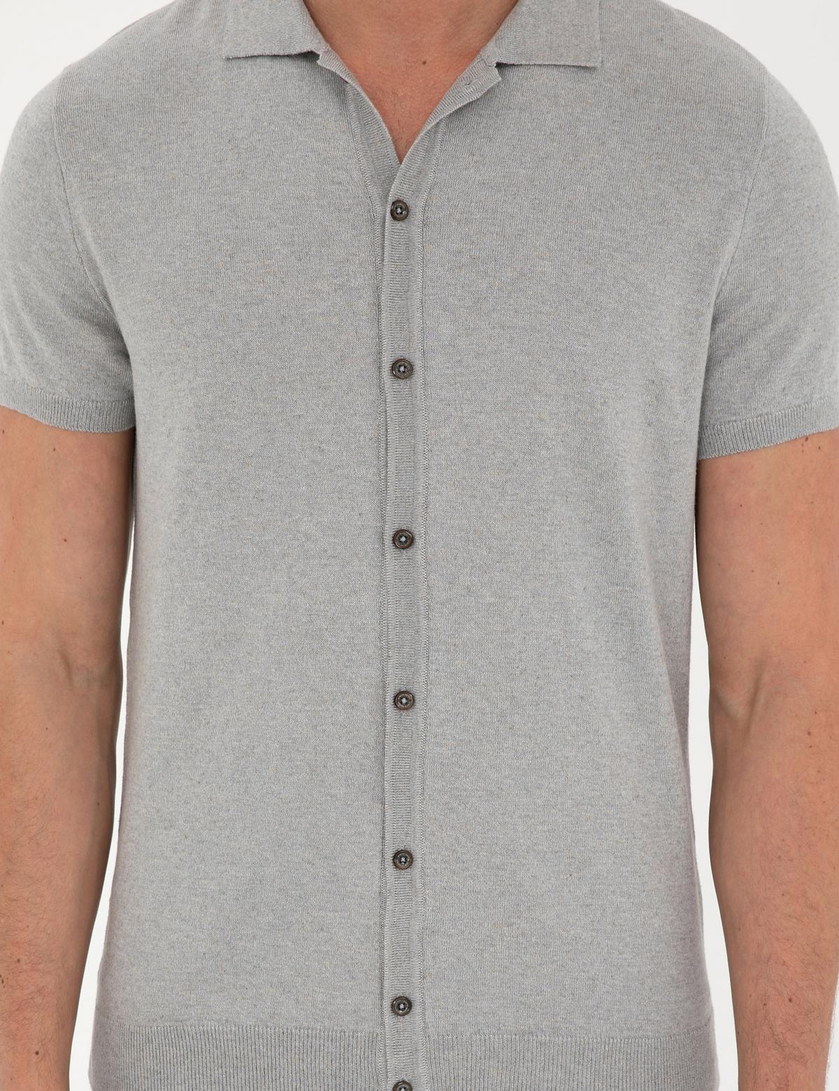 Açık Gri Slim Fit Düğmeli Polo Yaka Keten Karışımlı Triko Tişört - 50289239001