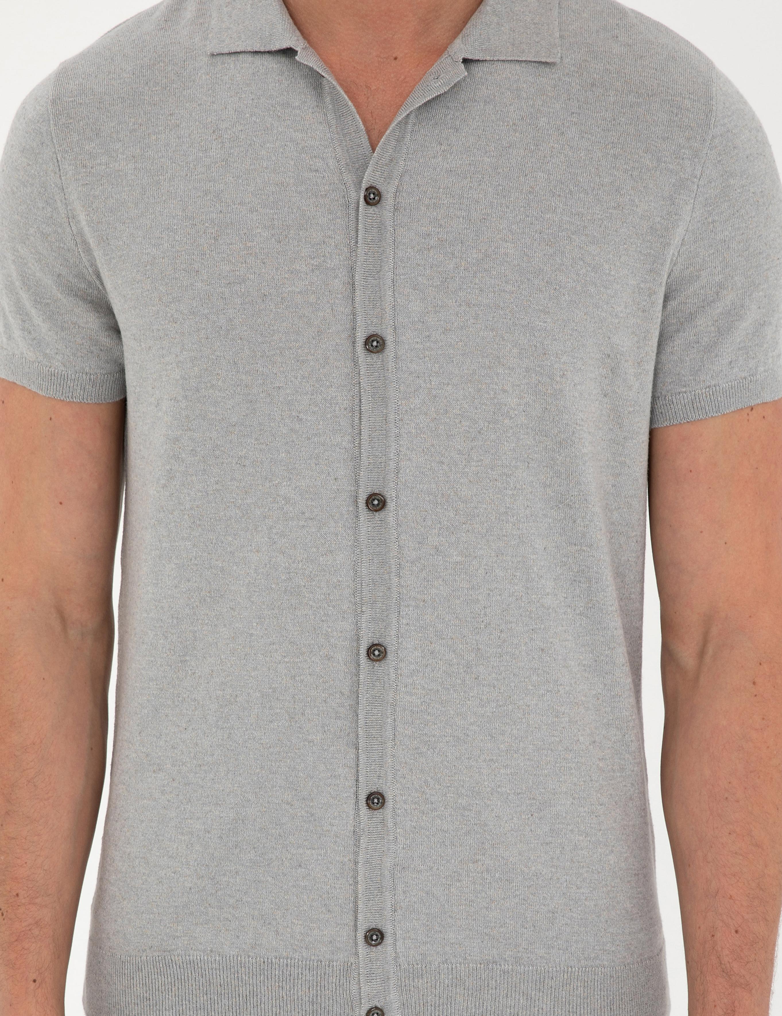 Açık Gri Slim Fit Düğmeli Polo Yaka Keten Karışımlı Triko Tişört