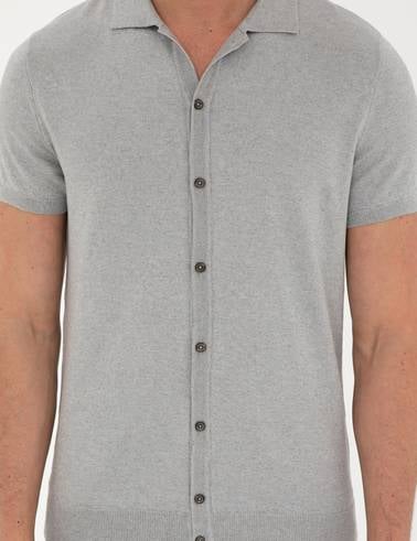 Açık Gri Slim Fit Düğmeli Polo Yaka Keten Karışımlı Triko Tişört