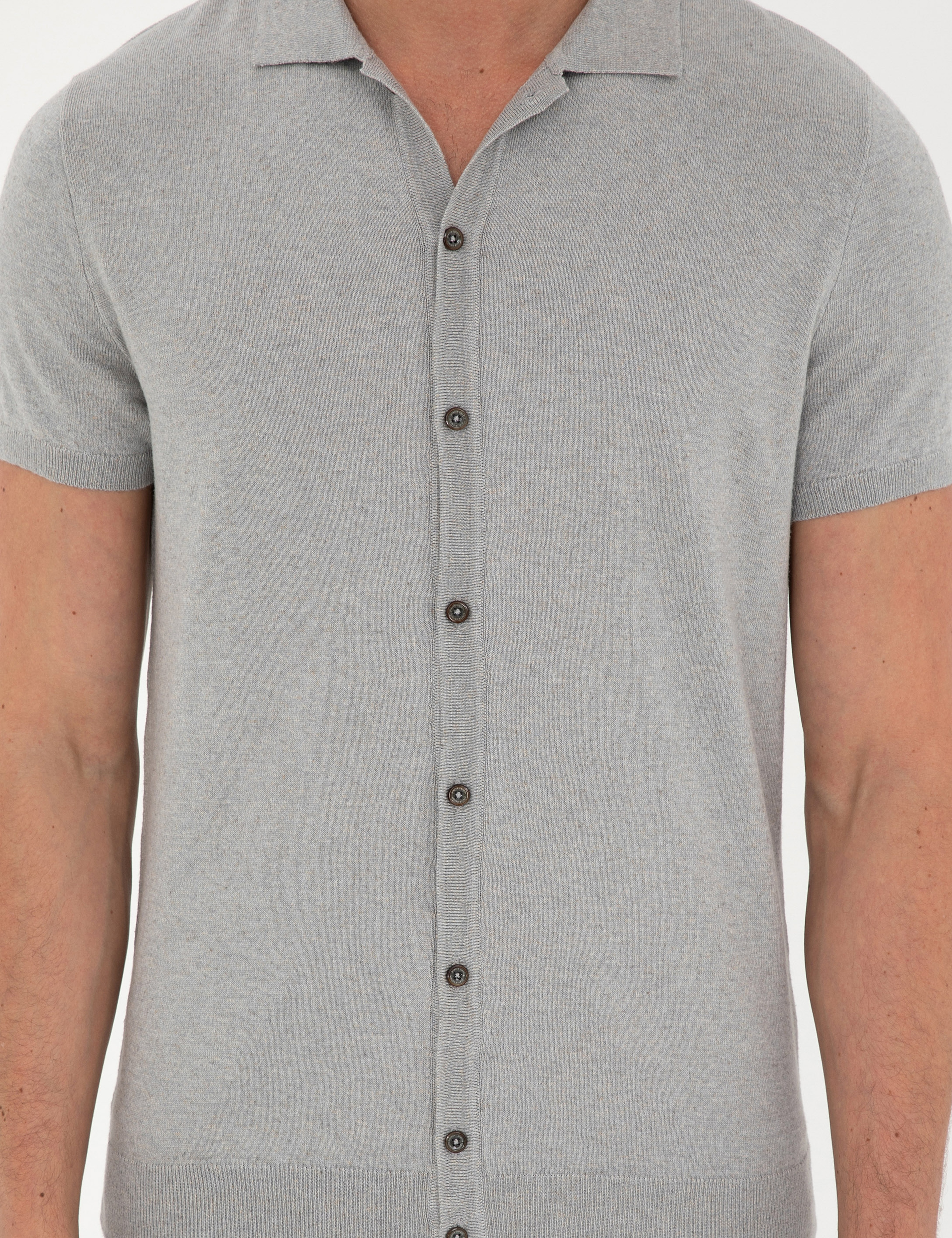 Açık Gri Slim Fit Düğmeli Polo Yaka Keten Karışımlı Triko Tişört