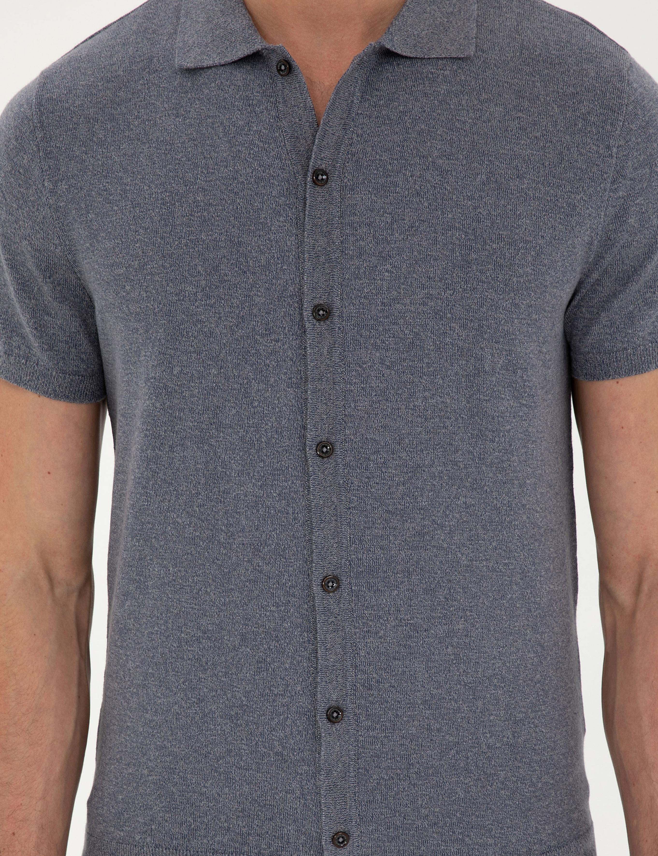 Koyu İndigo Slim Fit Düğmeli Polo Yaka Keten Karışımlı Triko Tişört