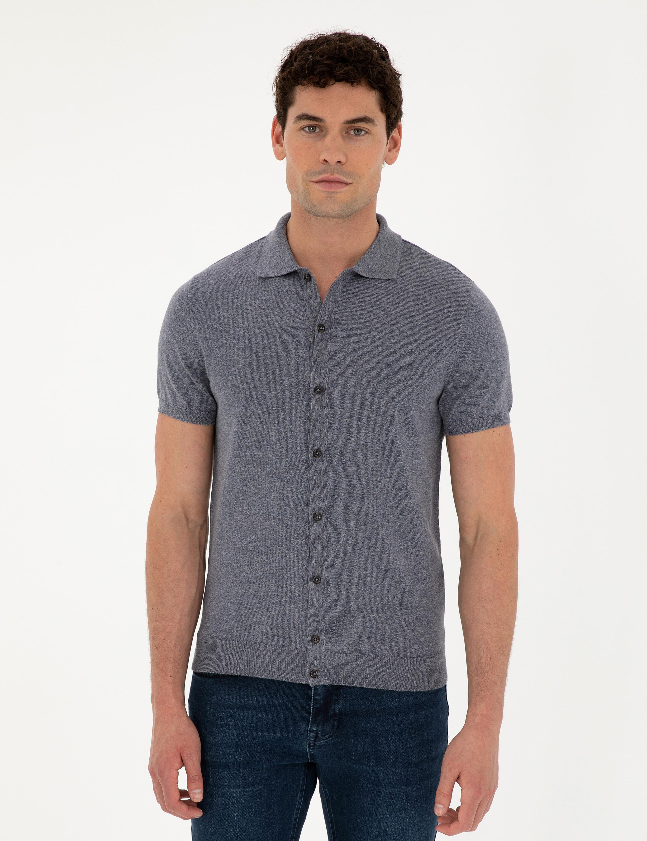 Koyu İndigo Slim Fit Düğmeli Polo Yaka Keten Karışımlı Triko Tişört