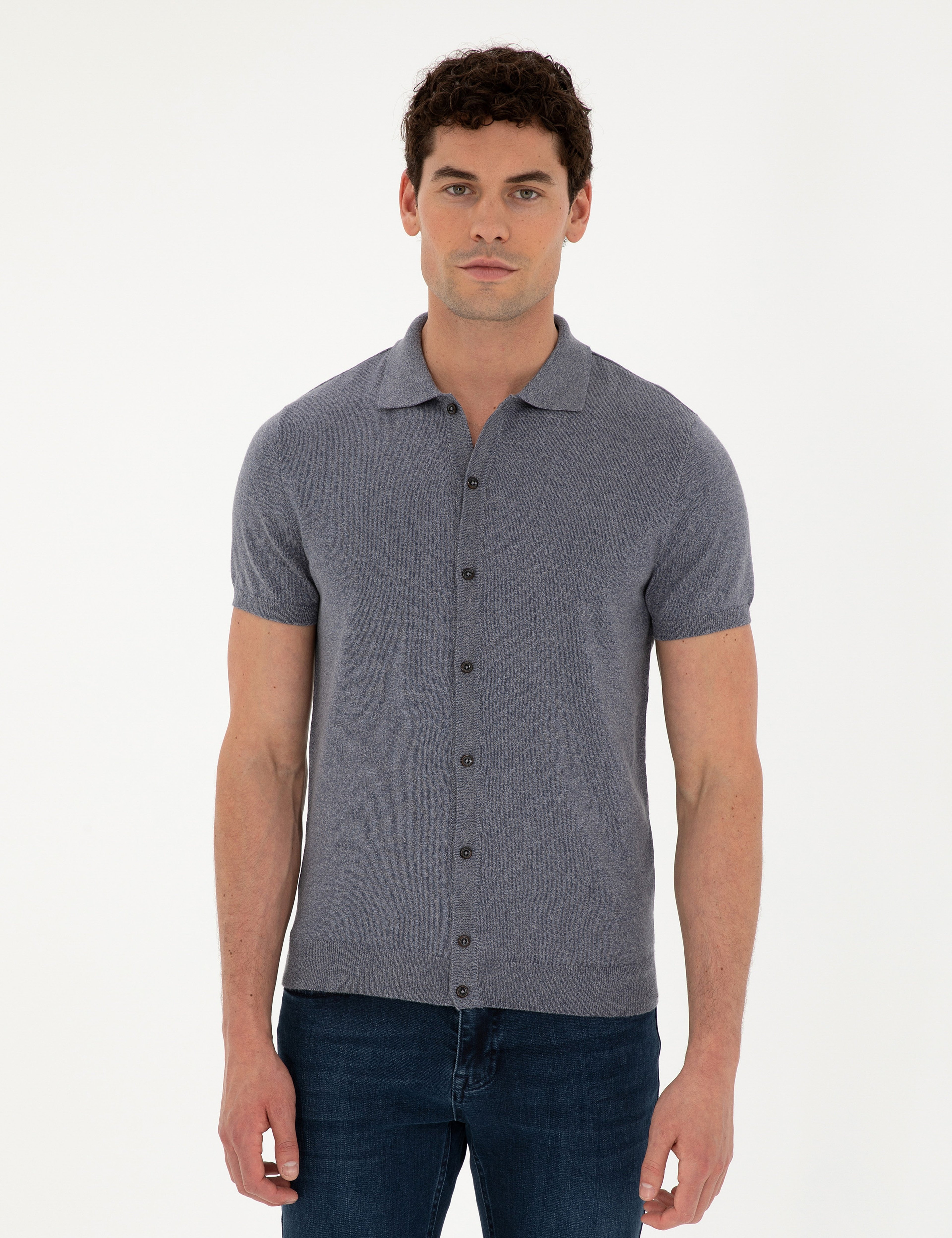 Koyu İndigo Slim Fit Düğmeli Polo Yaka Keten Karışımlı Triko Tişört - Image 1