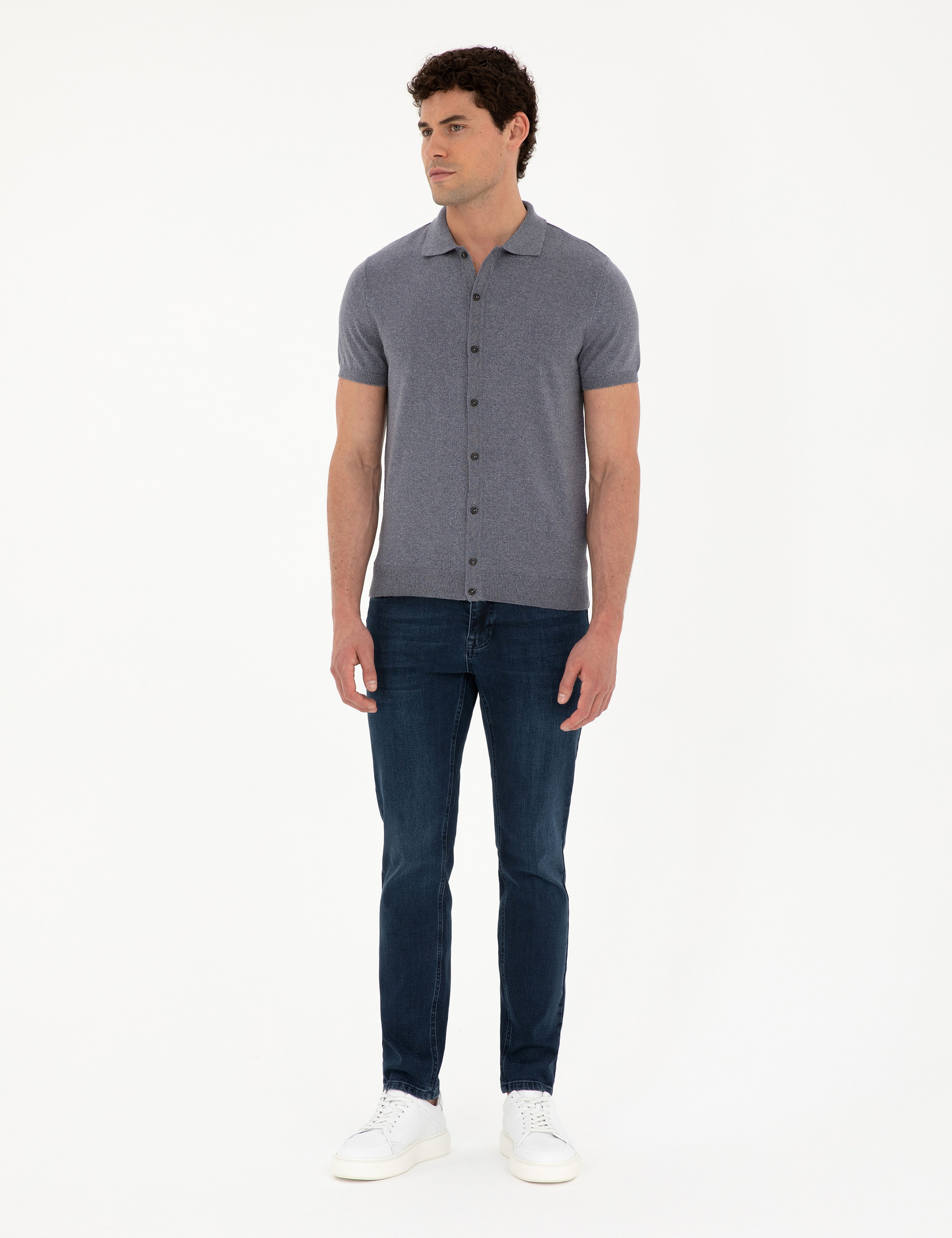 Koyu İndigo Slim Fit Düğmeli Polo Yaka Keten Karışımlı Triko Tişört - Image 4