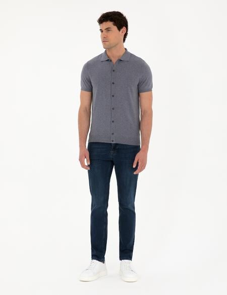 Koyu İndigo Slim Fit Düğmeli Polo Yaka Keten Karışımlı Triko Tişört - 50289239013