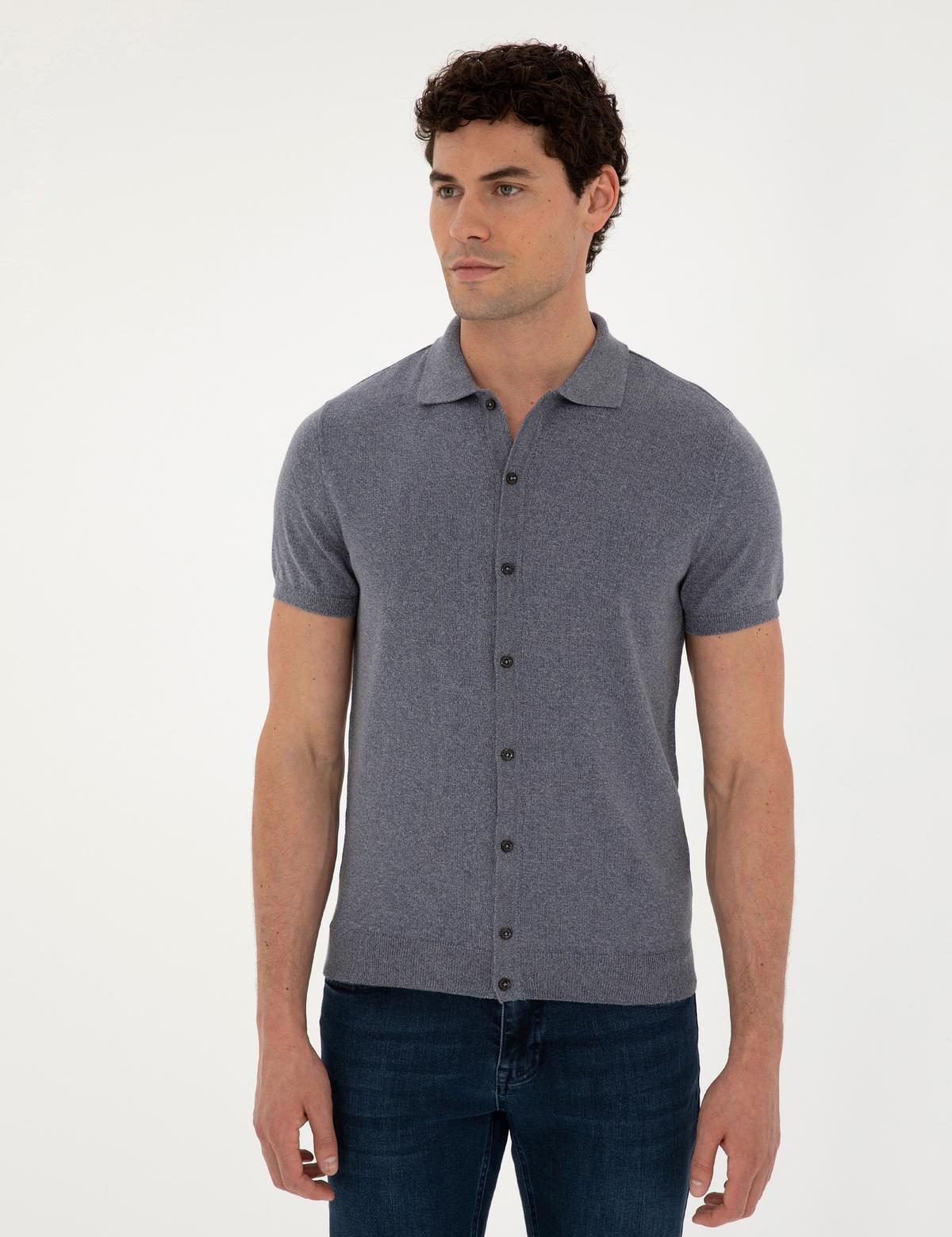 Koyu İndigo Slim Fit Düğmeli Polo Yaka Keten Karışımlı Triko Tişört - 50289239013