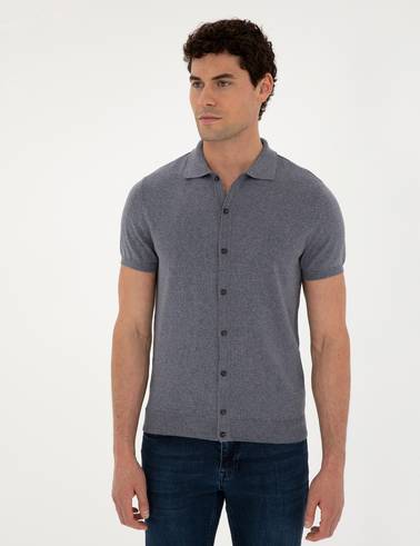 Koyu İndigo Slim Fit Düğmeli Polo Yaka Keten Karışımlı Triko Tişört