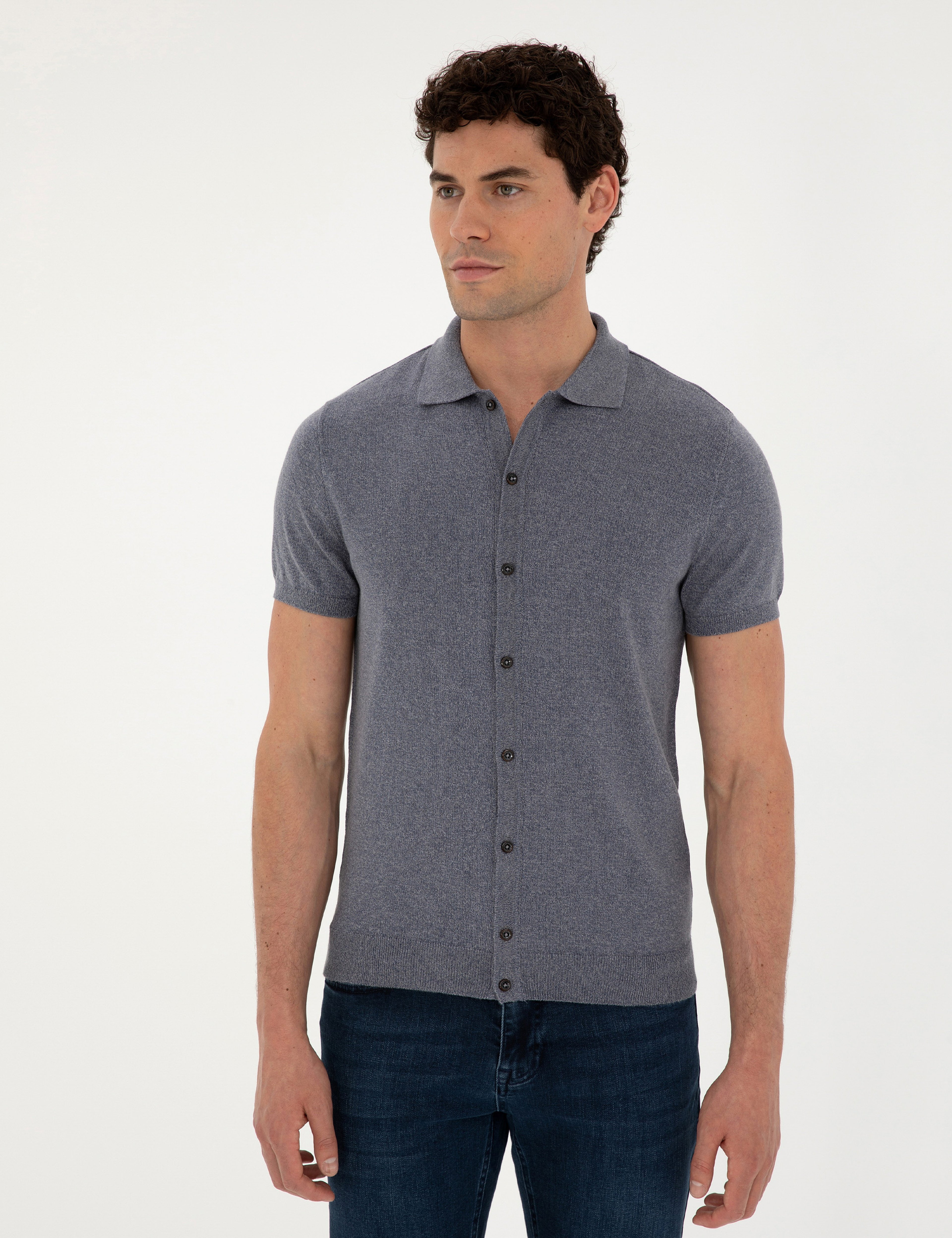 Koyu İndigo Slim Fit Düğmeli Polo Yaka Keten Karışımlı Triko Tişört