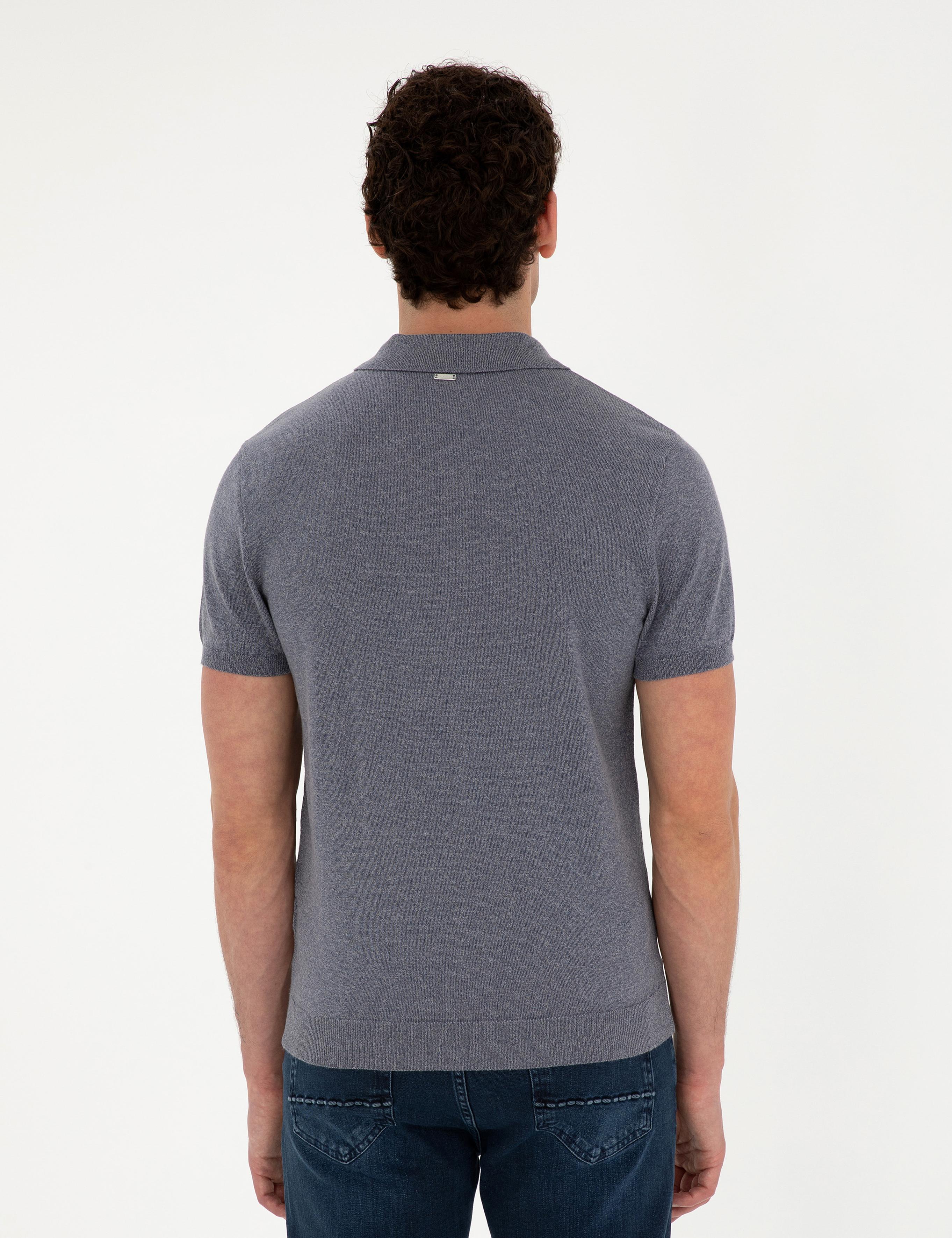 Koyu İndigo Slim Fit Düğmeli Polo Yaka Keten Karışımlı Triko Tişört