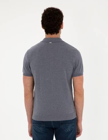 Koyu İndigo Slim Fit Düğmeli Polo Yaka Keten Karışımlı Triko Tişört
