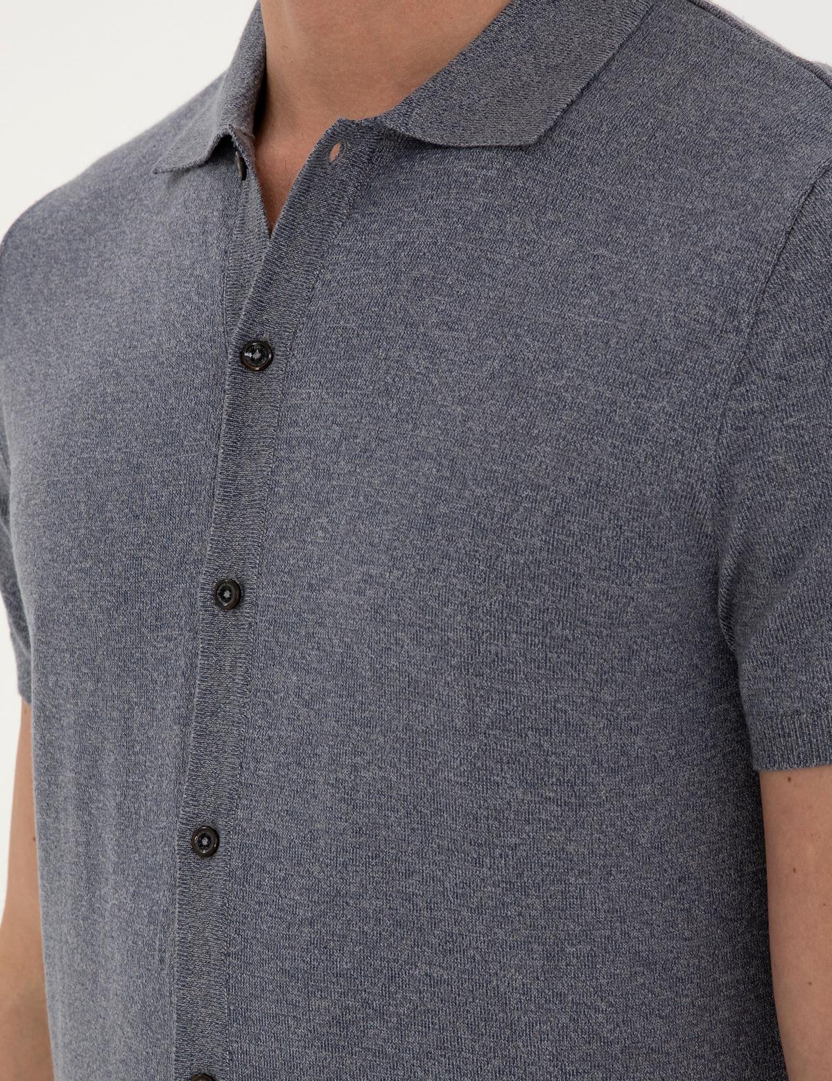 Koyu İndigo Slim Fit Düğmeli Polo Yaka Keten Karışımlı Triko Tişört - 50289239013