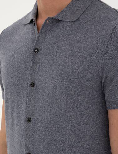 Koyu İndigo Slim Fit Düğmeli Polo Yaka Keten Karışımlı Triko Tişört