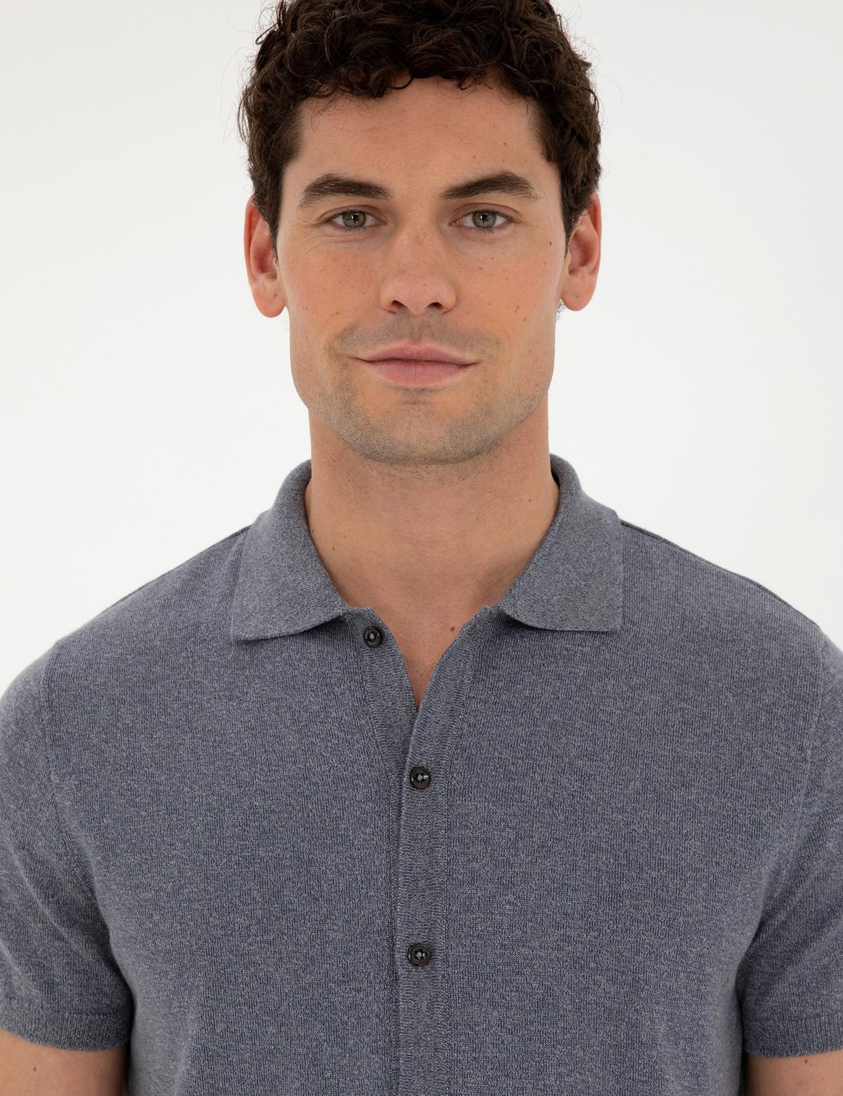 Koyu İndigo Slim Fit Düğmeli Polo Yaka Keten Karışımlı Triko Tişört - 50289239013