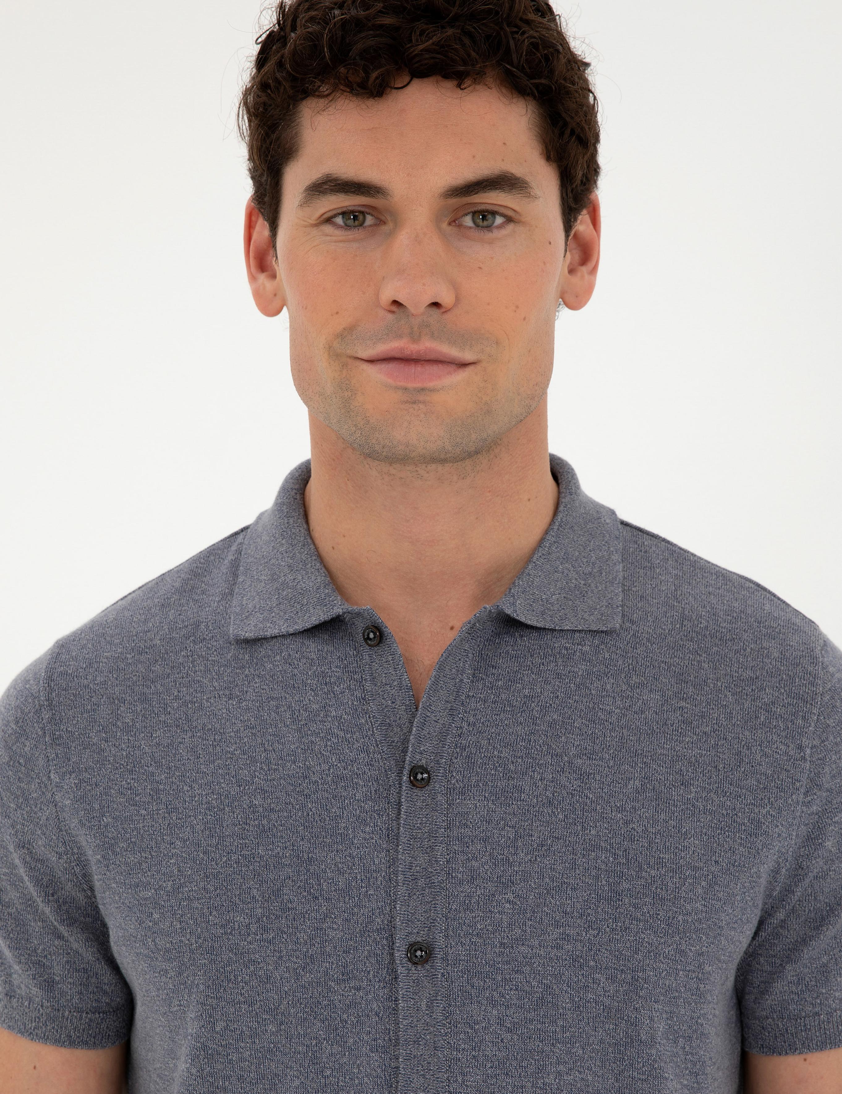 Koyu İndigo Slim Fit Düğmeli Polo Yaka Keten Karışımlı Triko Tişört