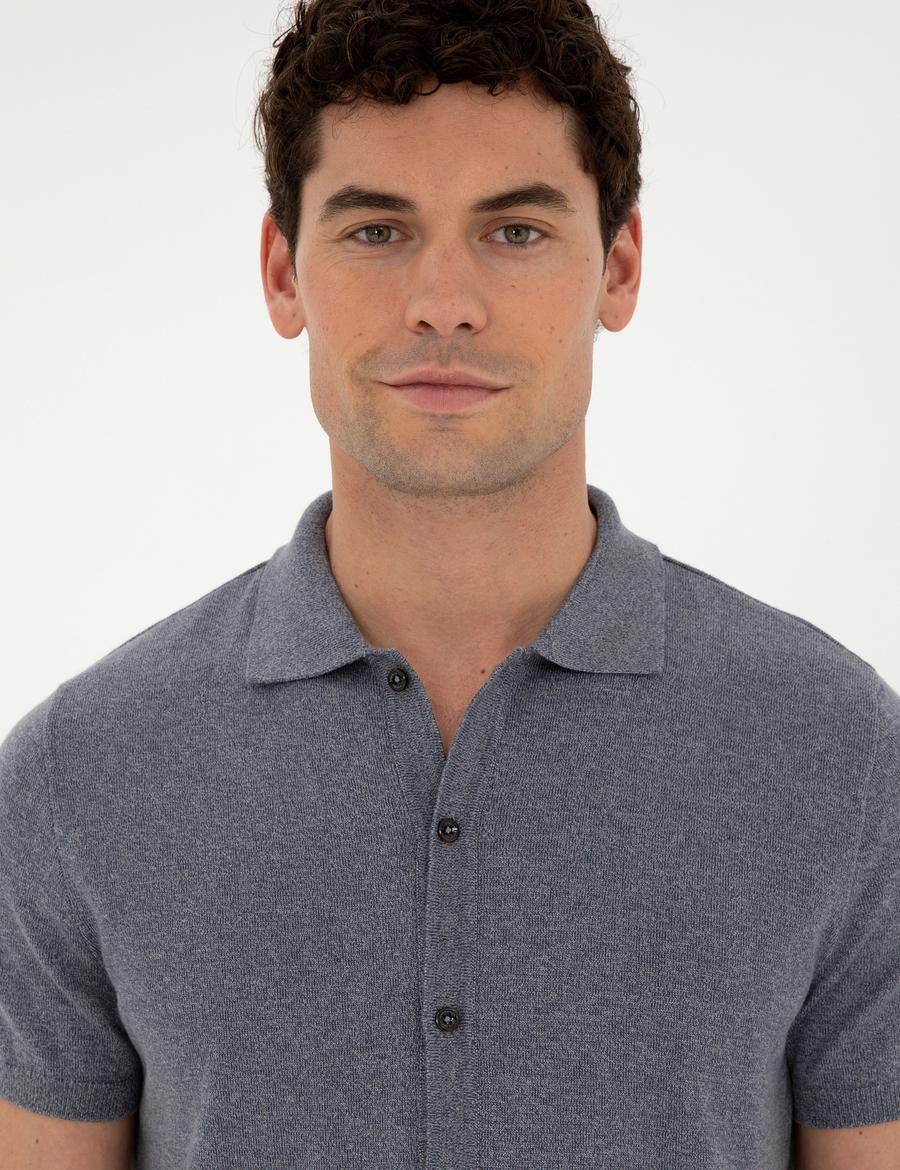 Koyu İndigo Slim Fit Düğmeli Polo Yaka Keten Karışımlı Triko Tişört
