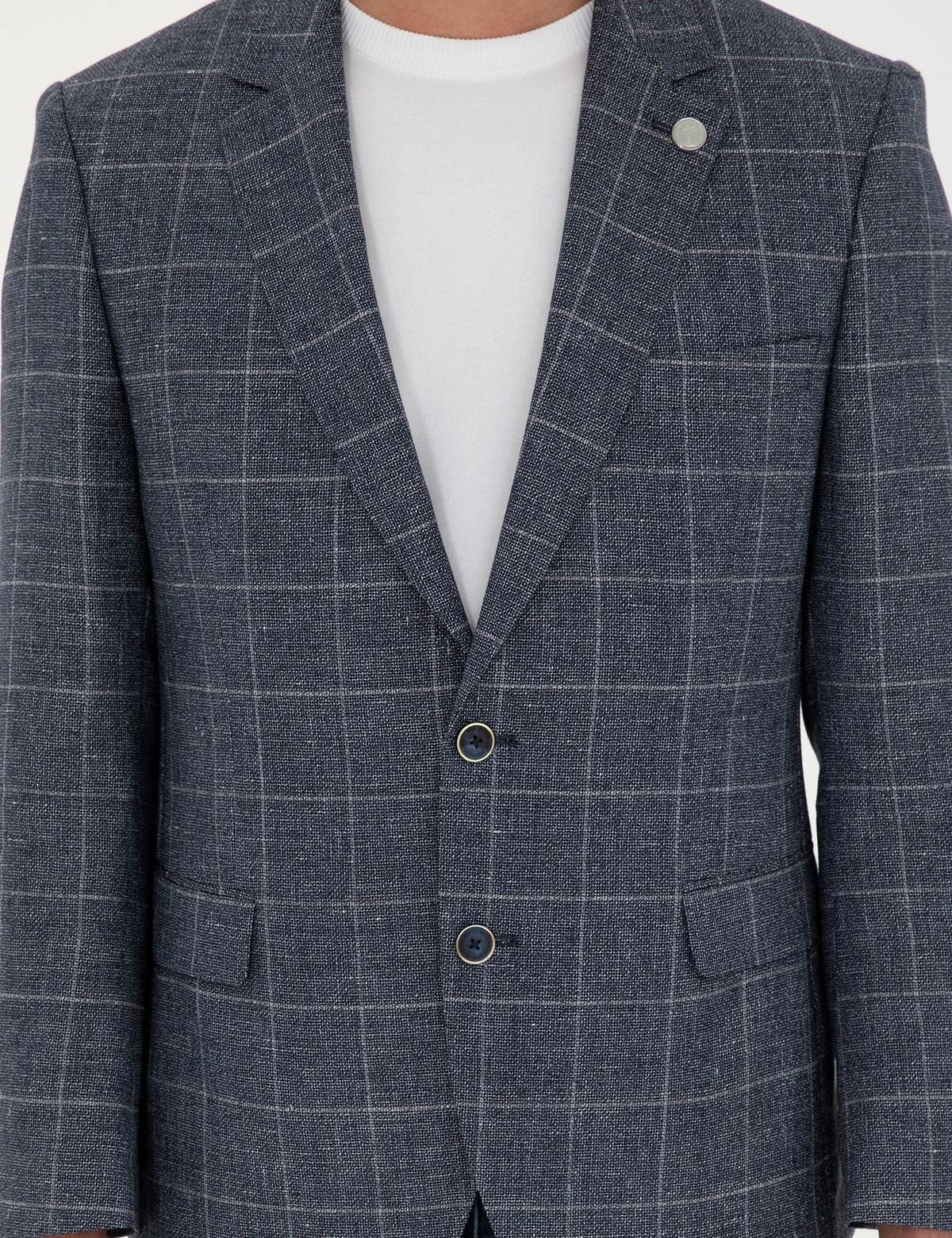 Lacivert Slim Fit Yün Keten Karışımlı Ceket - 50284944008