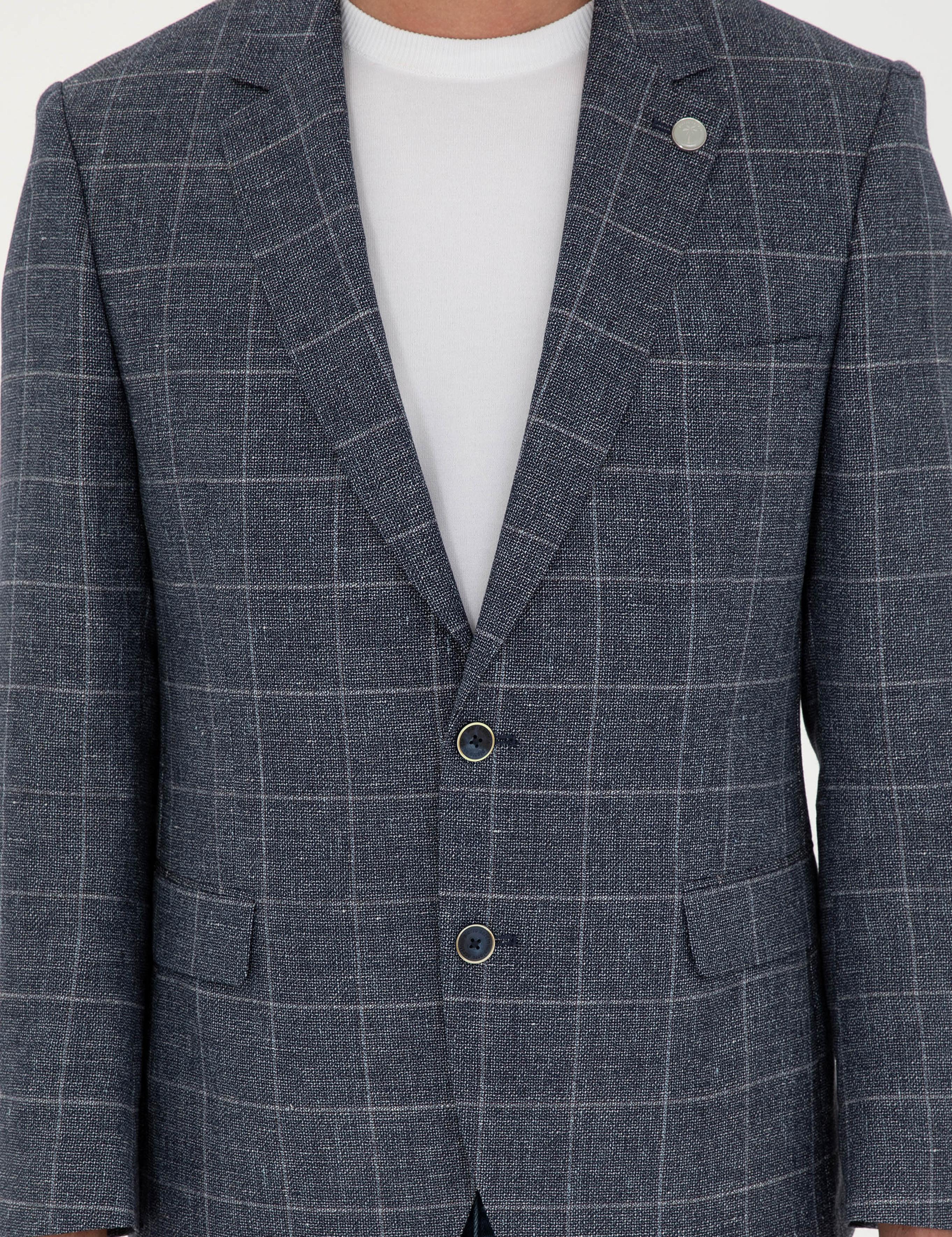 Lacivert Slim Fit Yün Keten Karışımlı Ceket