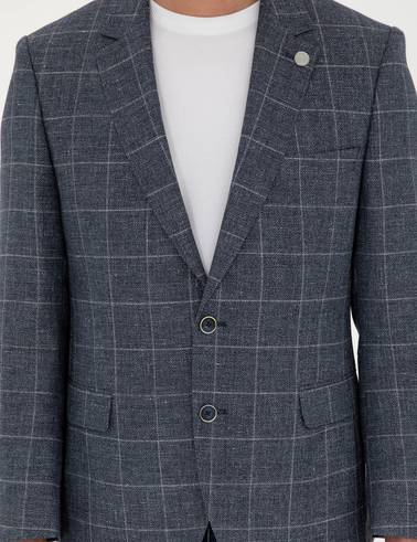 Lacivert Slim Fit Yün Keten Karışımlı Ceket
