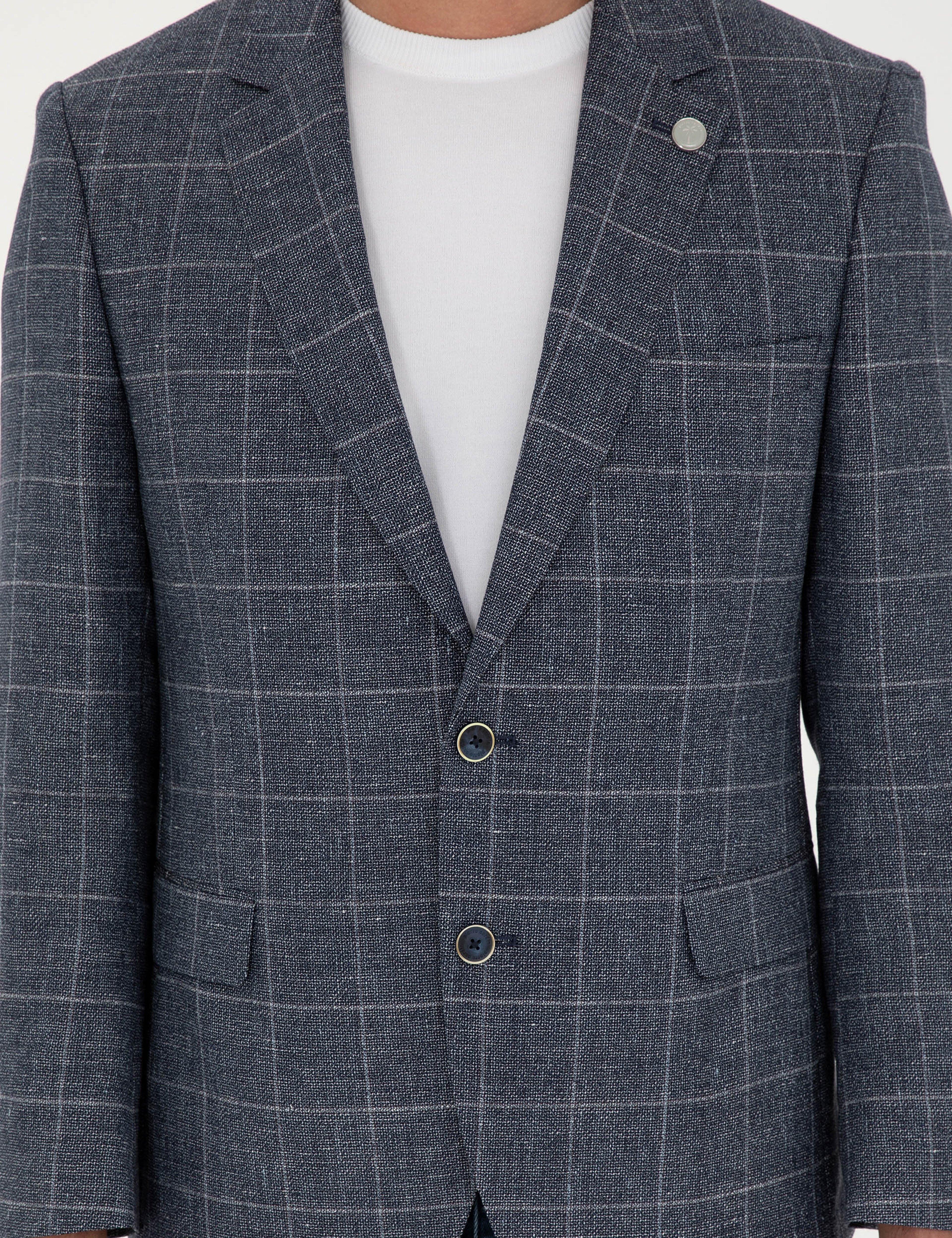 Lacivert Slim Fit Yün Keten Karışımlı Ceket - Image 6
