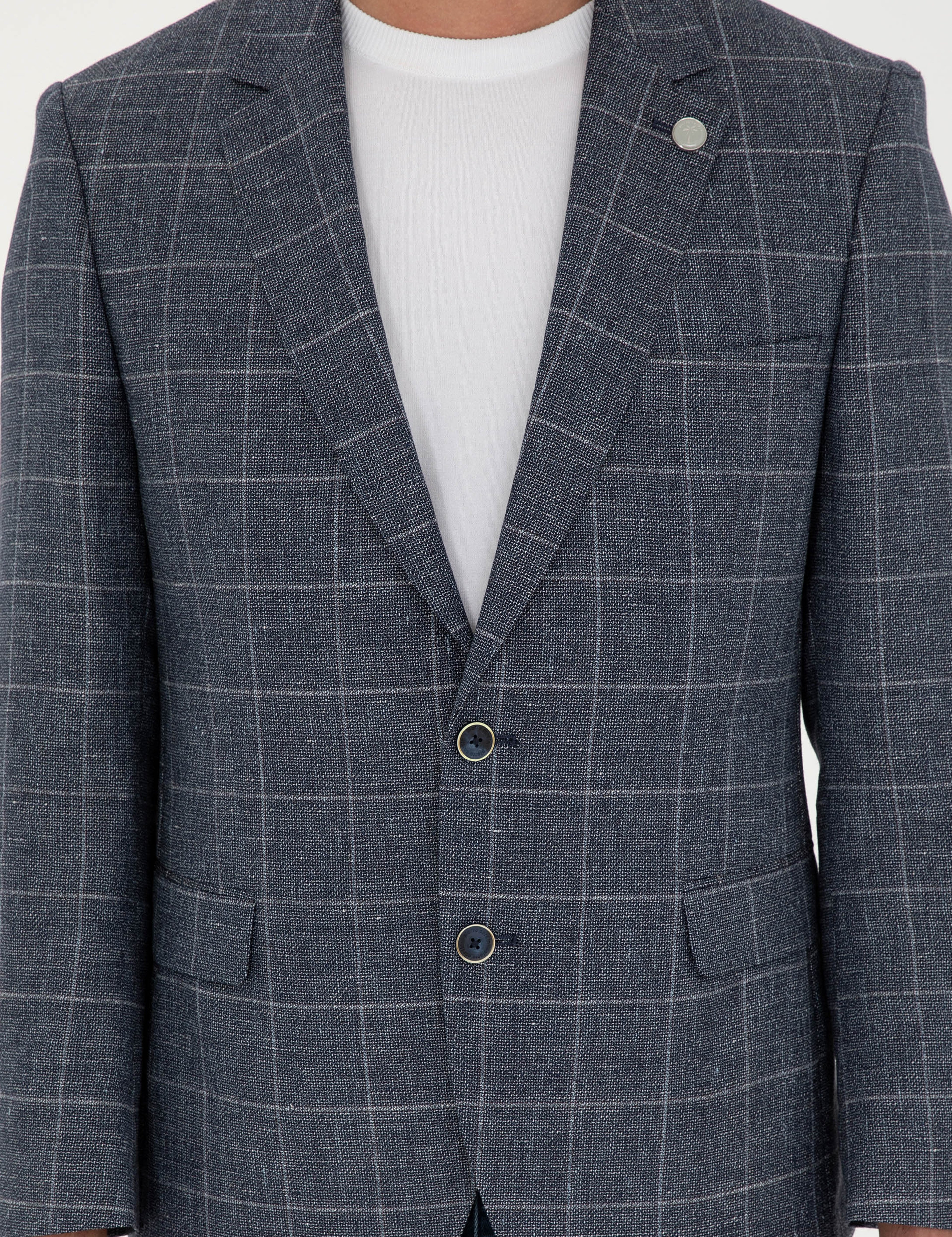 Lacivert Slim Fit Yün Keten Karışımlı Ceket