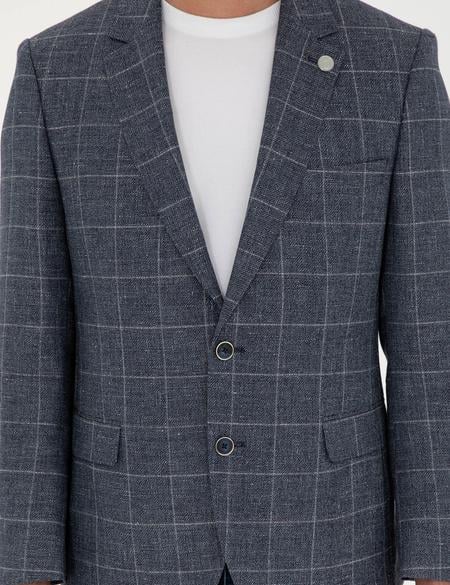 Lacivert Slim Fit Yün Keten Karışımlı Ceket - 50284944008