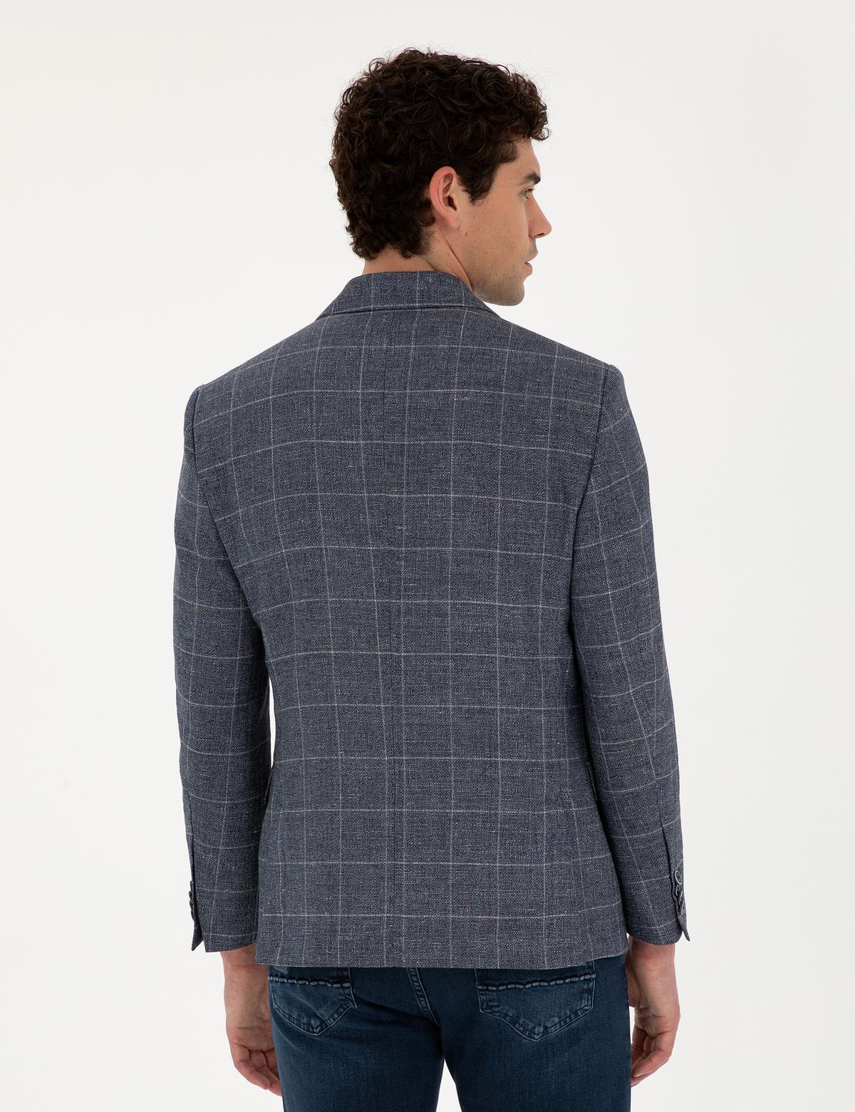 Lacivert Slim Fit Yün Keten Karışımlı Ceket - 50284944008