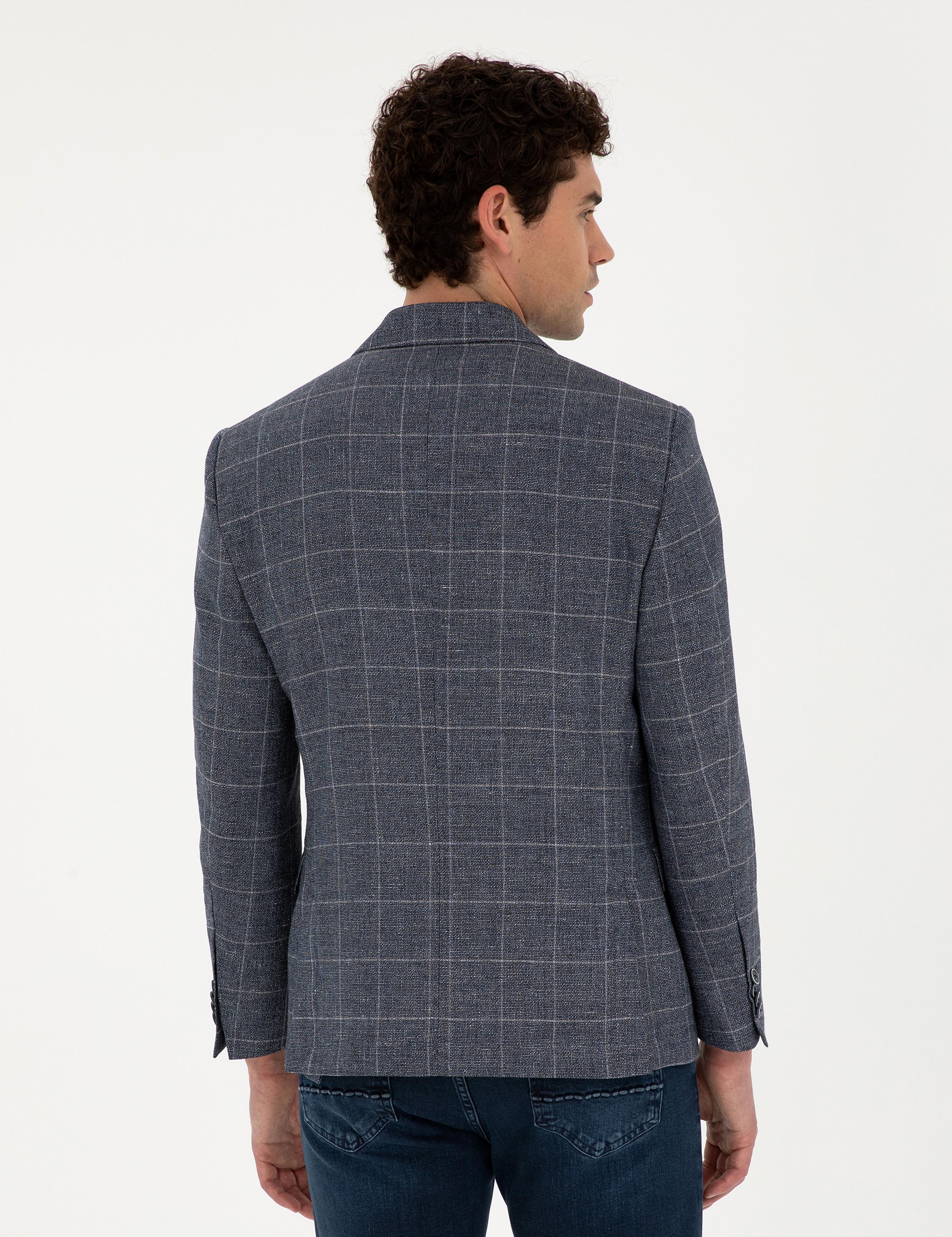 Lacivert Slim Fit Yün Keten Karışımlı Ceket