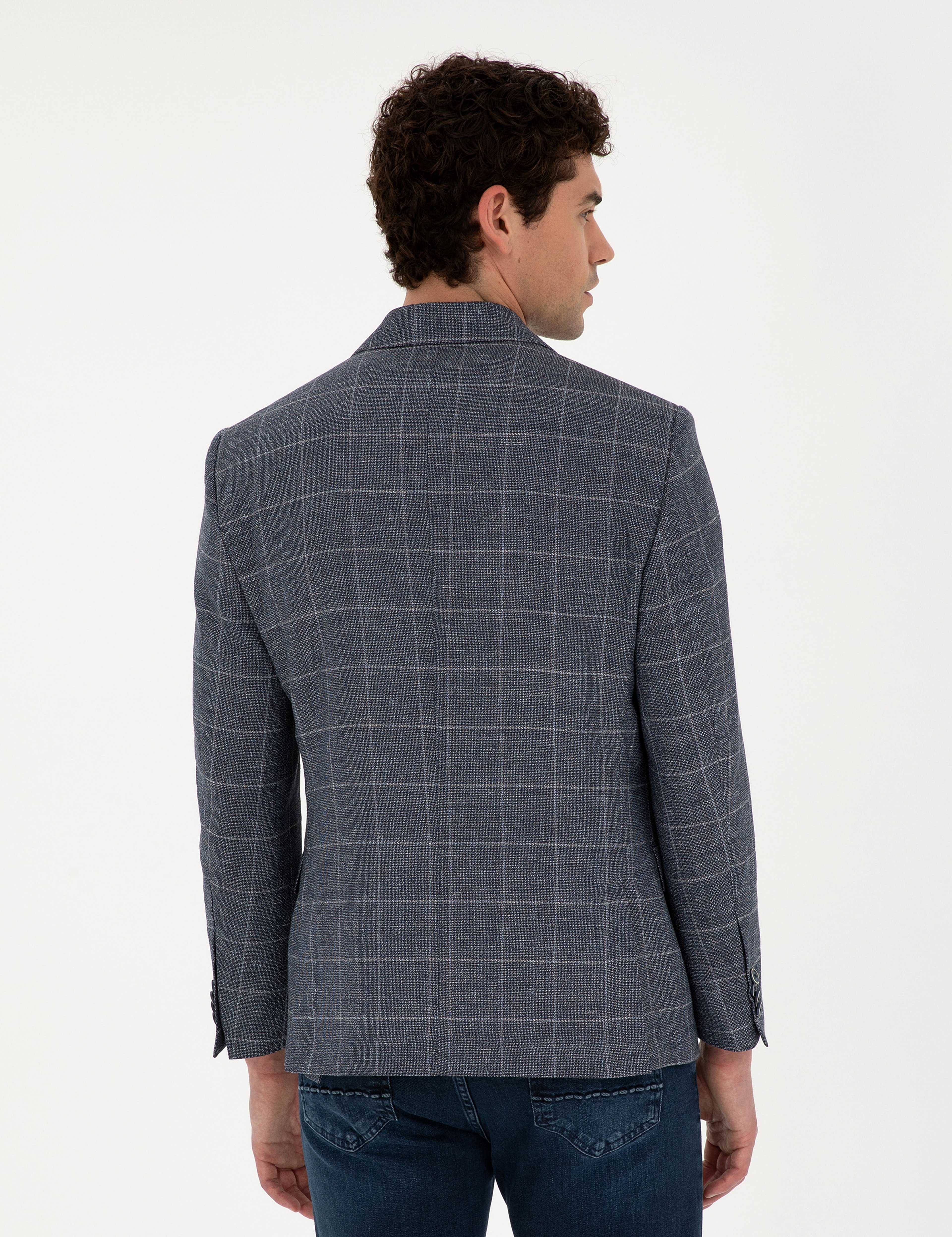 Lacivert Slim Fit Yün Keten Karışımlı Ceket - Image 5