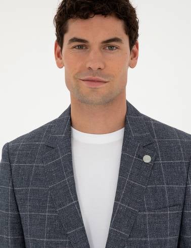 Lacivert Slim Fit Yün Keten Karışımlı Ceket