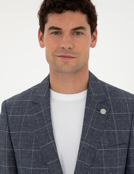 Lacivert Slim Fit Yün Keten Karışımlı Ceket - 50284944008