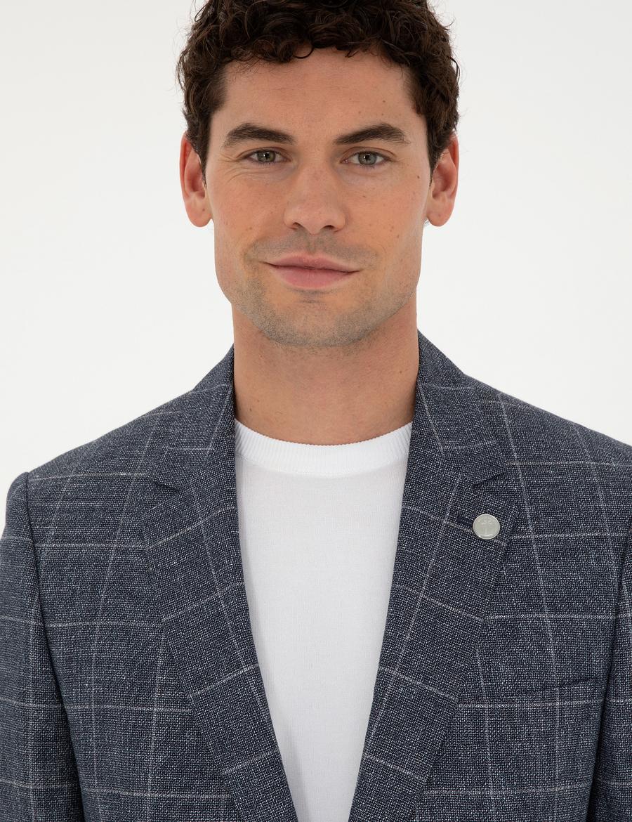Lacivert Slim Fit Yün Keten Karışımlı Ceket