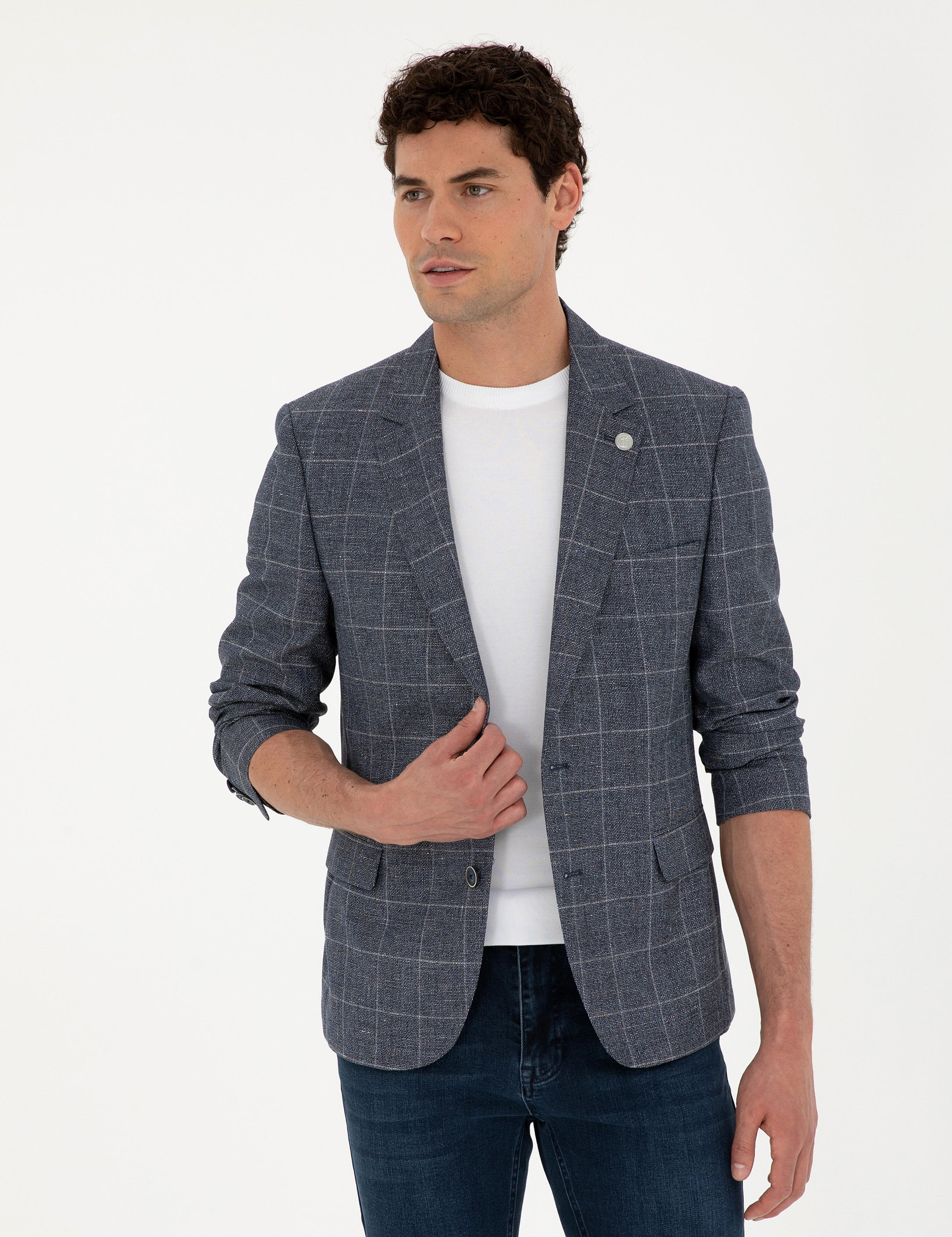 Lacivert Slim Fit Yün Keten Karışımlı Ceket