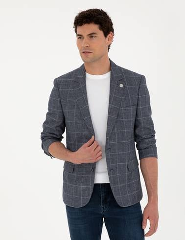 Lacivert Slim Fit Yün Keten Karışımlı Ceket