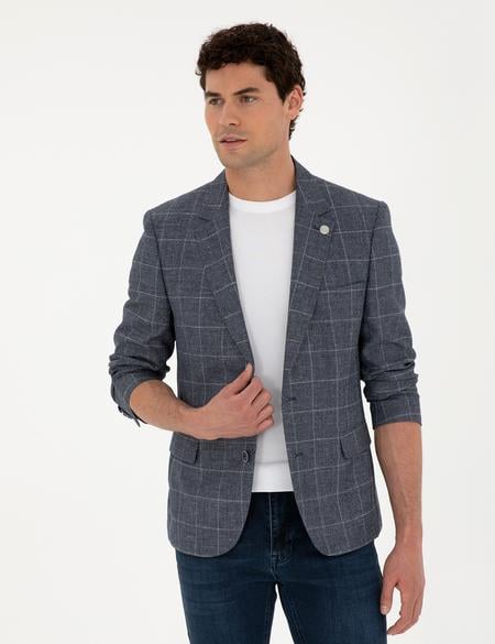 Lacivert Slim Fit Yün Keten Karışımlı Ceket - 50284944008