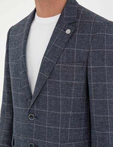 Lacivert Slim Fit Yün Keten Karışımlı Ceket