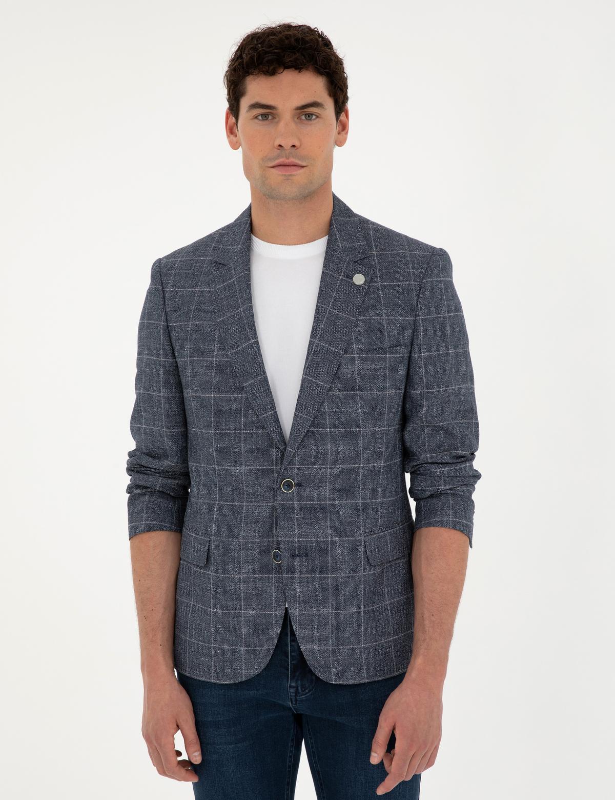 Lacivert Slim Fit Yün Keten Karışımlı Ceket - 50284944008