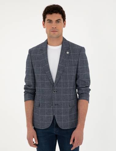 Lacivert Slim Fit Yün Keten Karışımlı Ceket