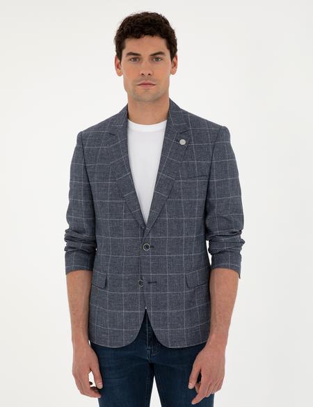 Lacivert Slim Fit Yün Keten Karışımlı Ceket - 50284944008