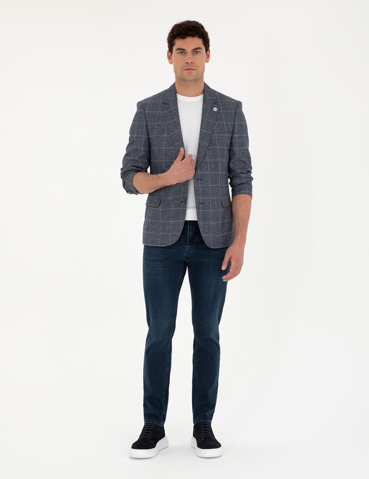 Lacivert Slim Fit Yün Keten Karışımlı Ceket - 50284944008