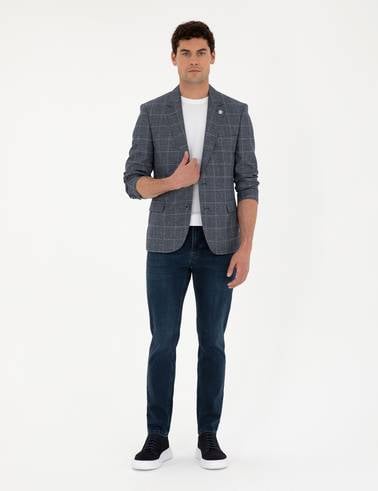 Lacivert Slim Fit Yün Keten Karışımlı Ceket