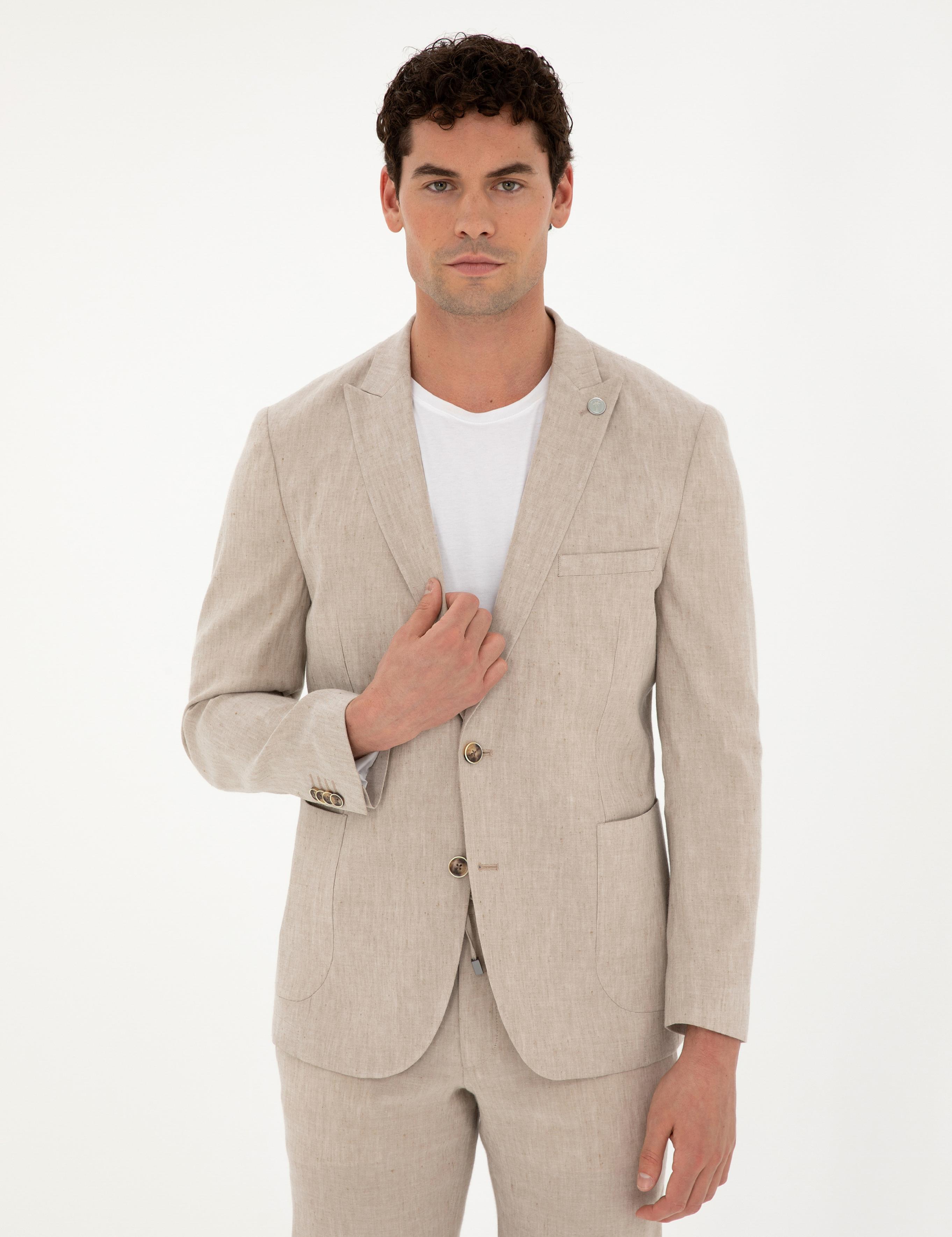 Açık Kahverengi Ekstra Slim Fit Keten Karışımlı Takım Elbise