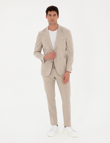 Açık Kahverengi Ekstra Slim Fit Keten Karışımlı Takım Elbise