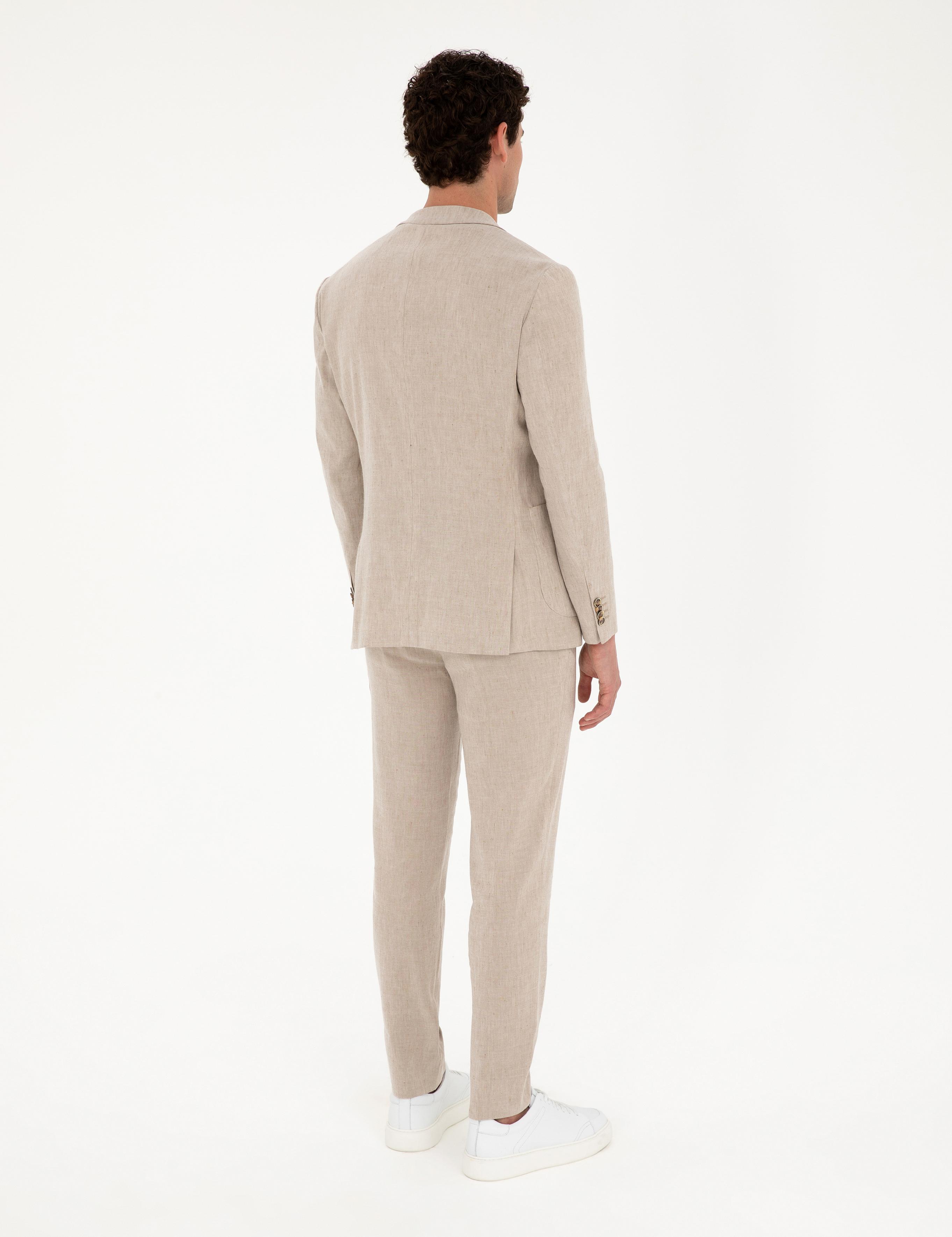 Açık Kahverengi Ekstra Slim Fit Keten Karışımlı Takım Elbise