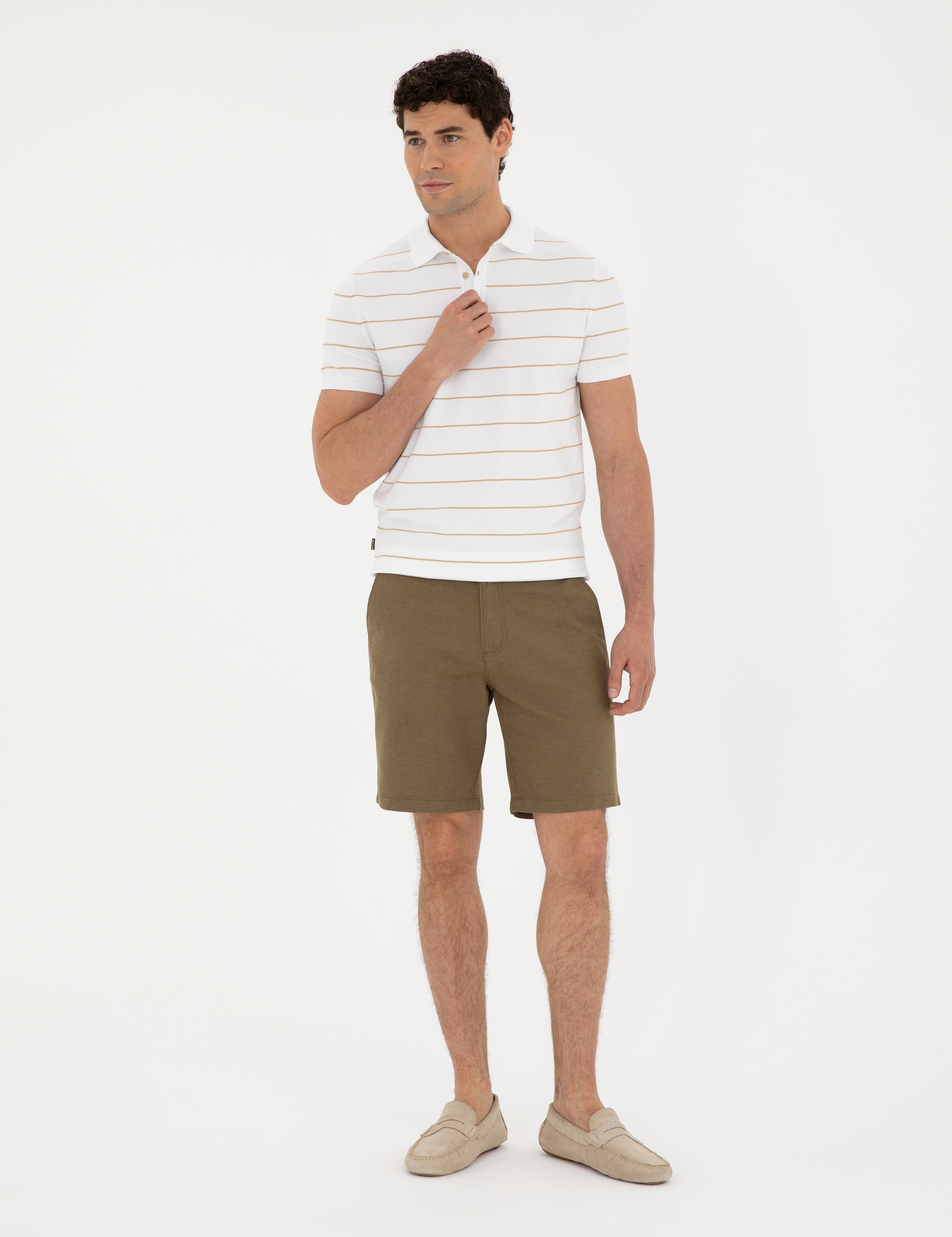Haki Slim Fit Keten Karışımlı Dokuma Şort - Image 1
